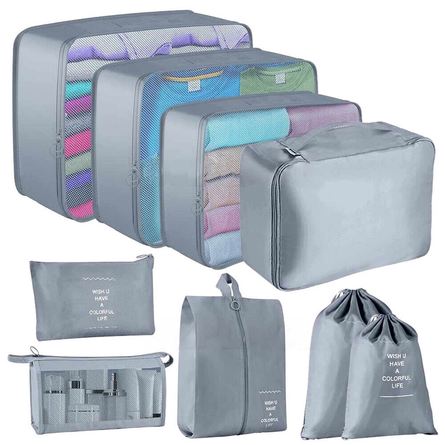 9pcs Travel Packing Cubes Set Luggage Organizer Storage Bag