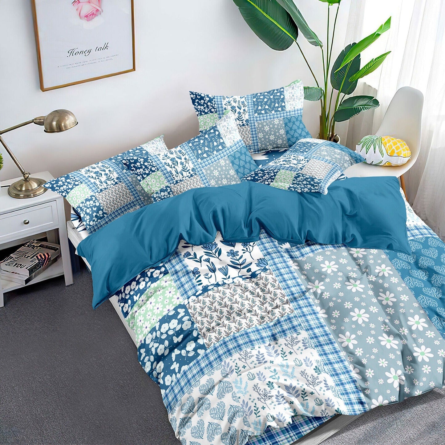 Blue Patchwork Bedding Set Soft Quilt Duvet Cover for Queen King Bed