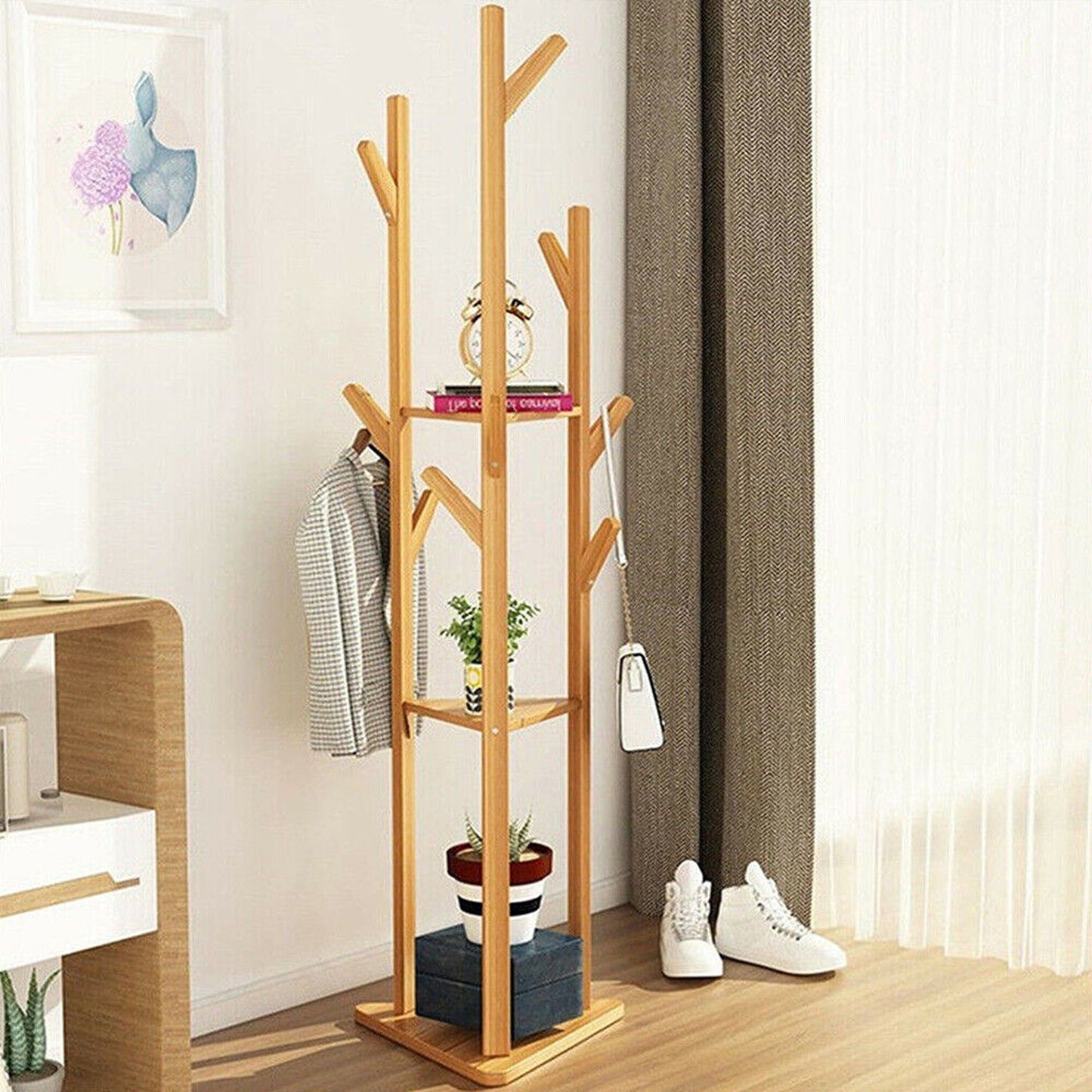 Wooden Coat Rack with 3 Tiers and 9 Hooks