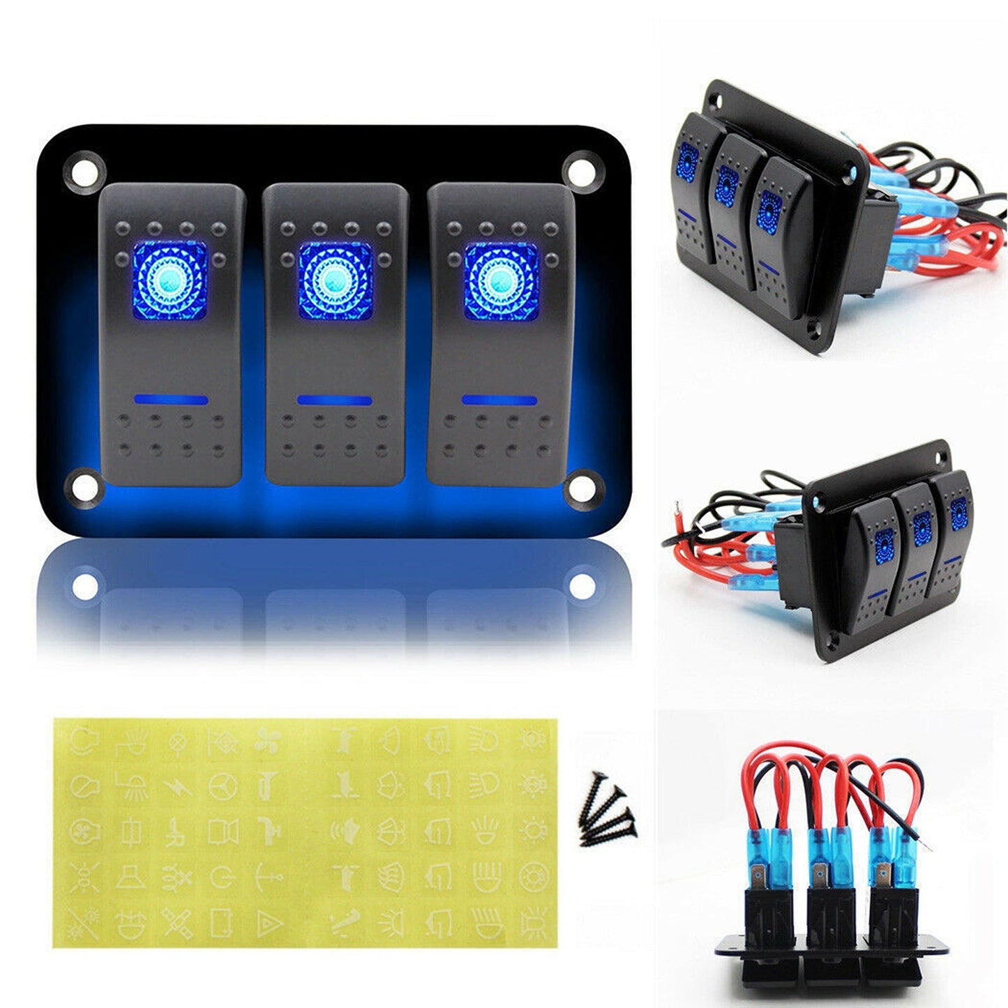 3 Gang Blue LED Rocker Switch Panel with Dual USB for Car Boat and RV