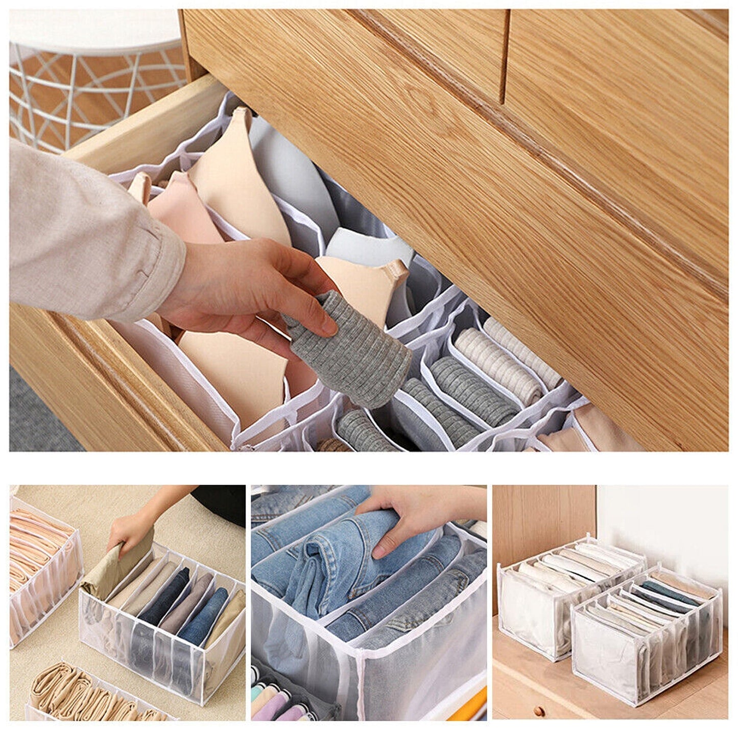 7 Grid Foldable Mesh Organizer for Wardrobe Clothes and Jeans Storage