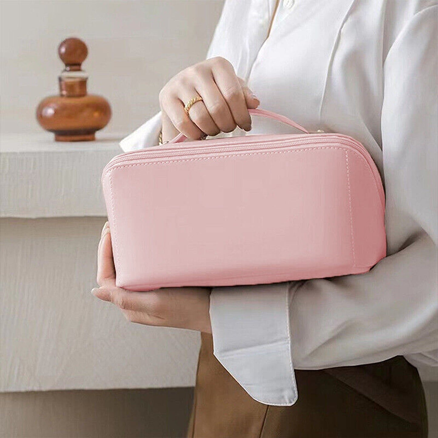 Large Travel Cosmetic Makeup Bag with Organizers and Brush Slots