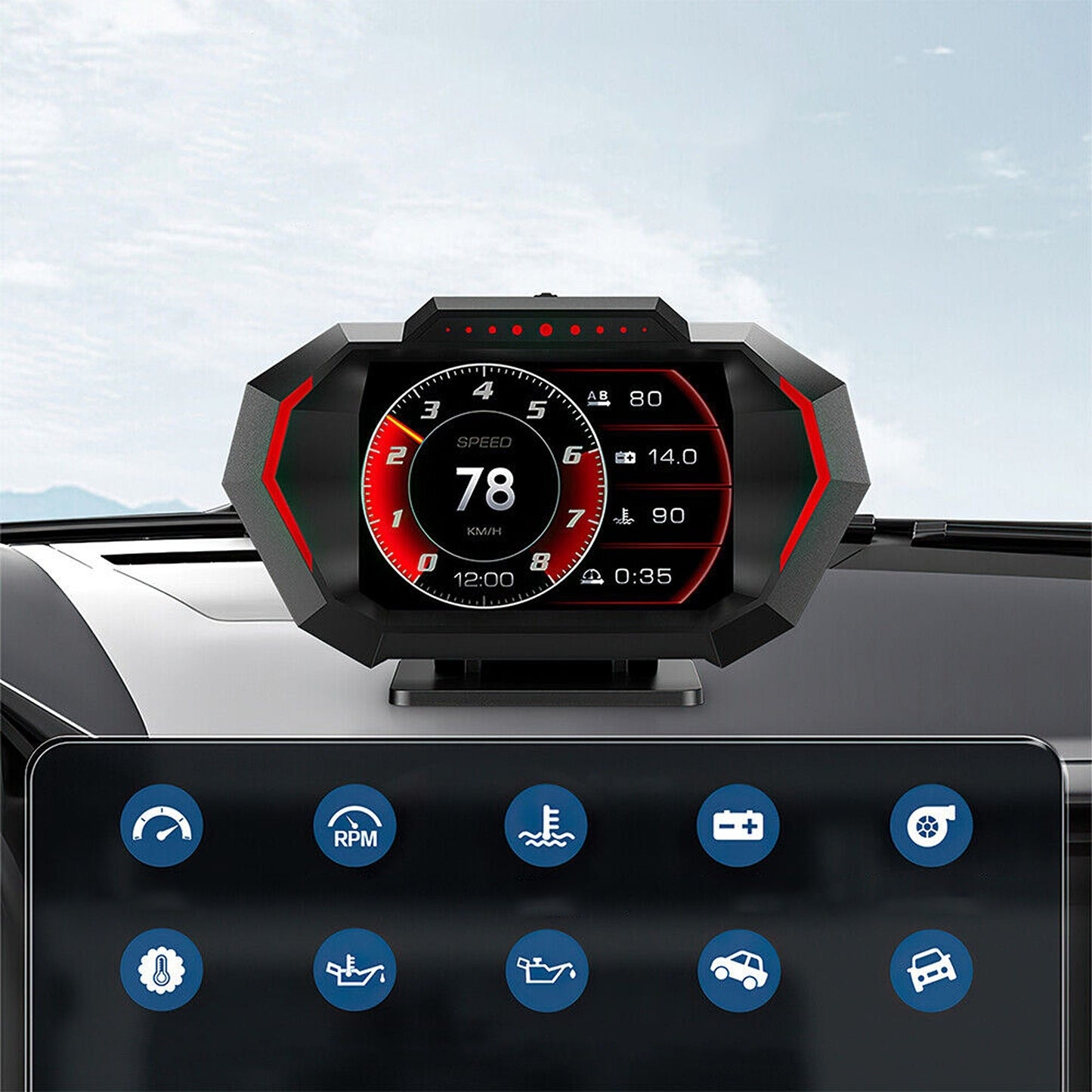 Digital Car HUD OBD2 and GPS Gauge with Speedometer Turbo RPM and Temp Alarms