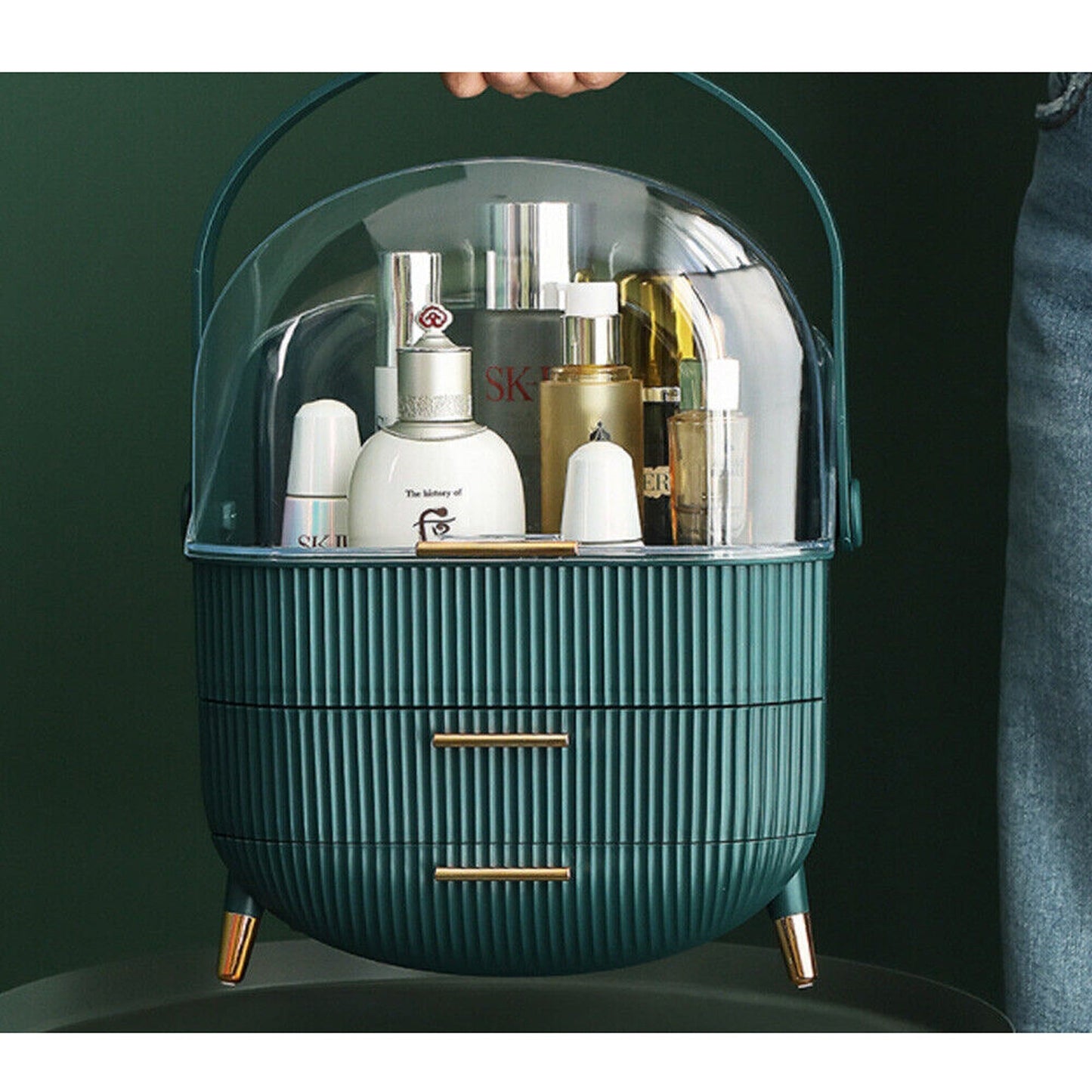 Portable Makeup Organizer Case with Cosmetic Storage and Jewelry Drawers