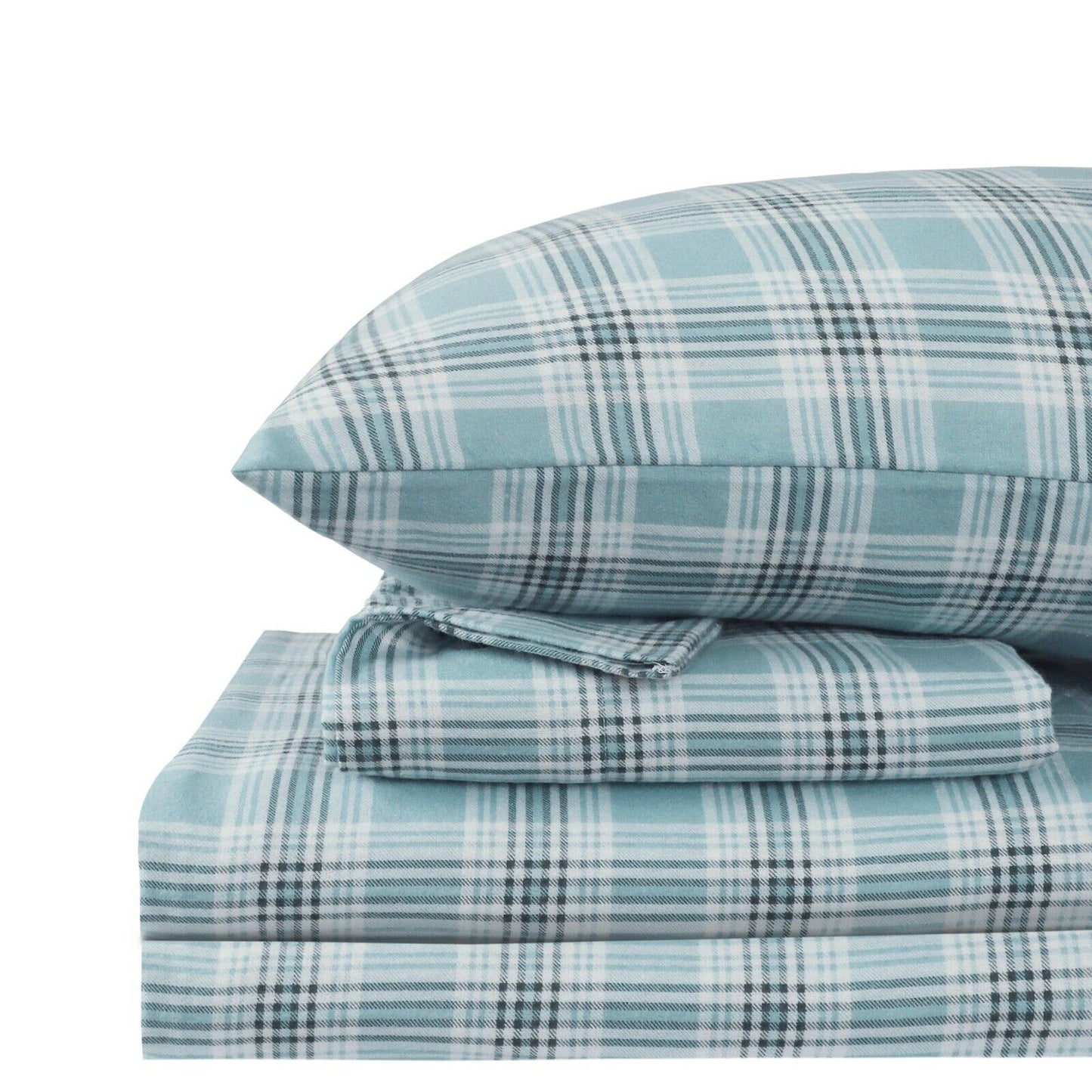 Green Plaid Cotton Flannelette Sheets Set with Standard Pillow Case Single Double Queen King