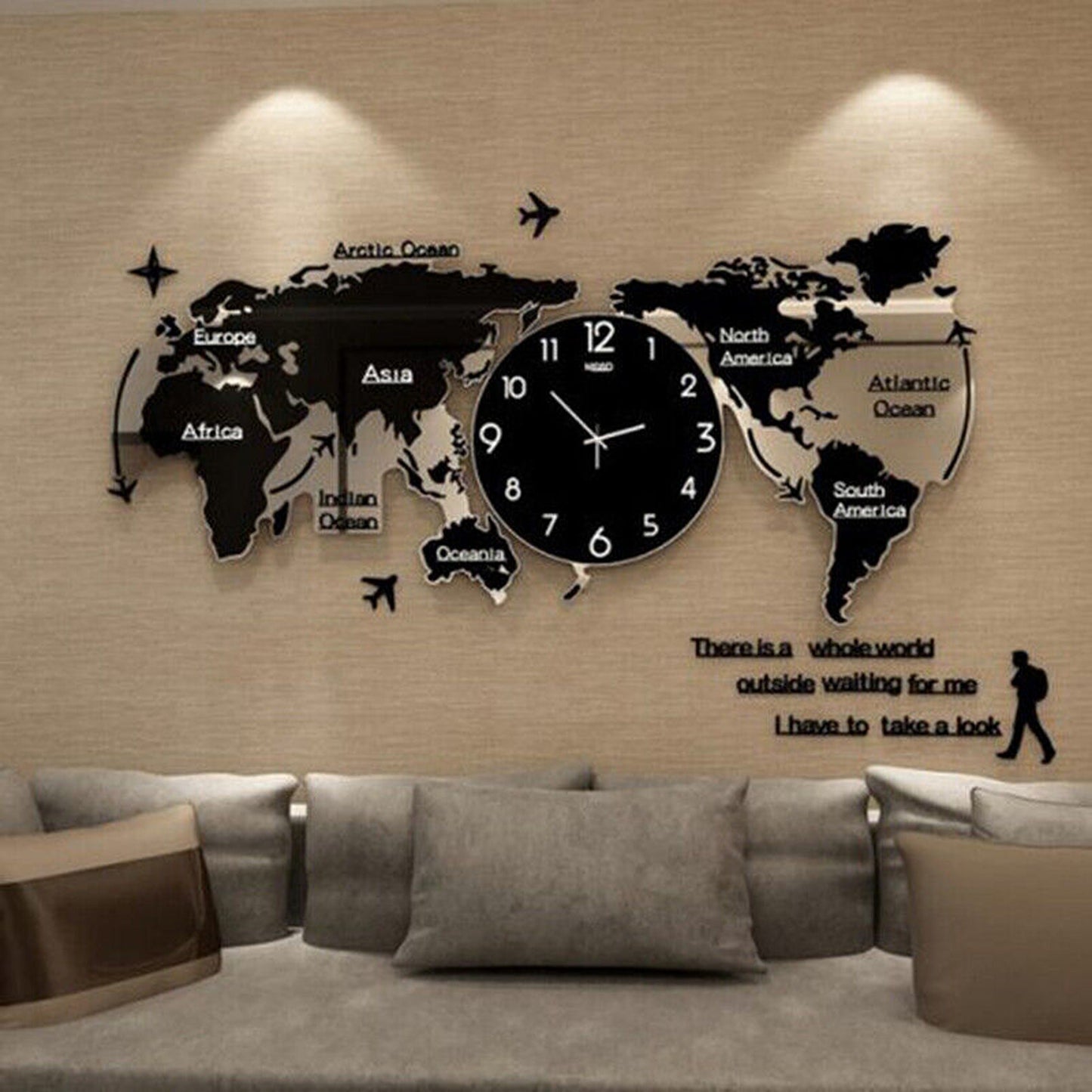 Ultra Quiet Large 3D Wall Clock Acrylic Watch World Map Decor
