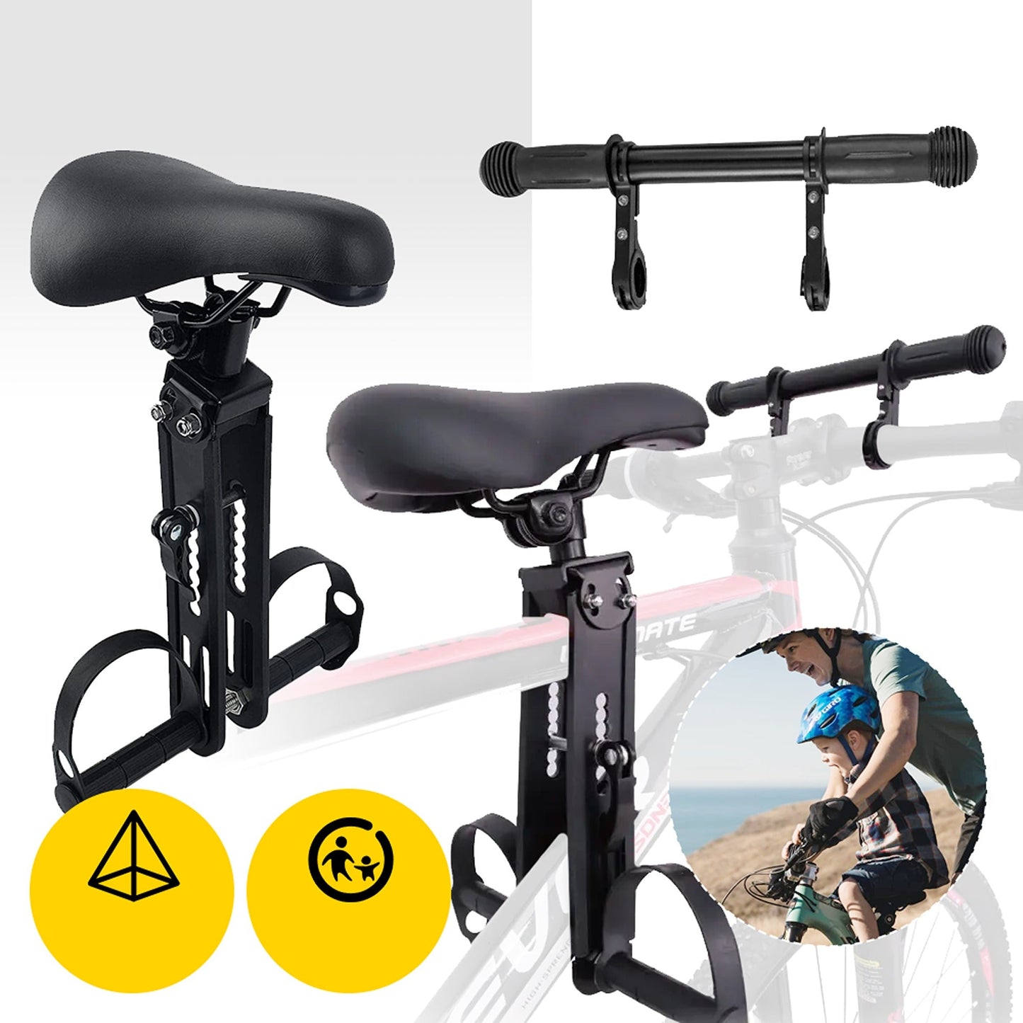 Children’s Bicycle Front Mounted Seat with Top Tube Detachable Armrest