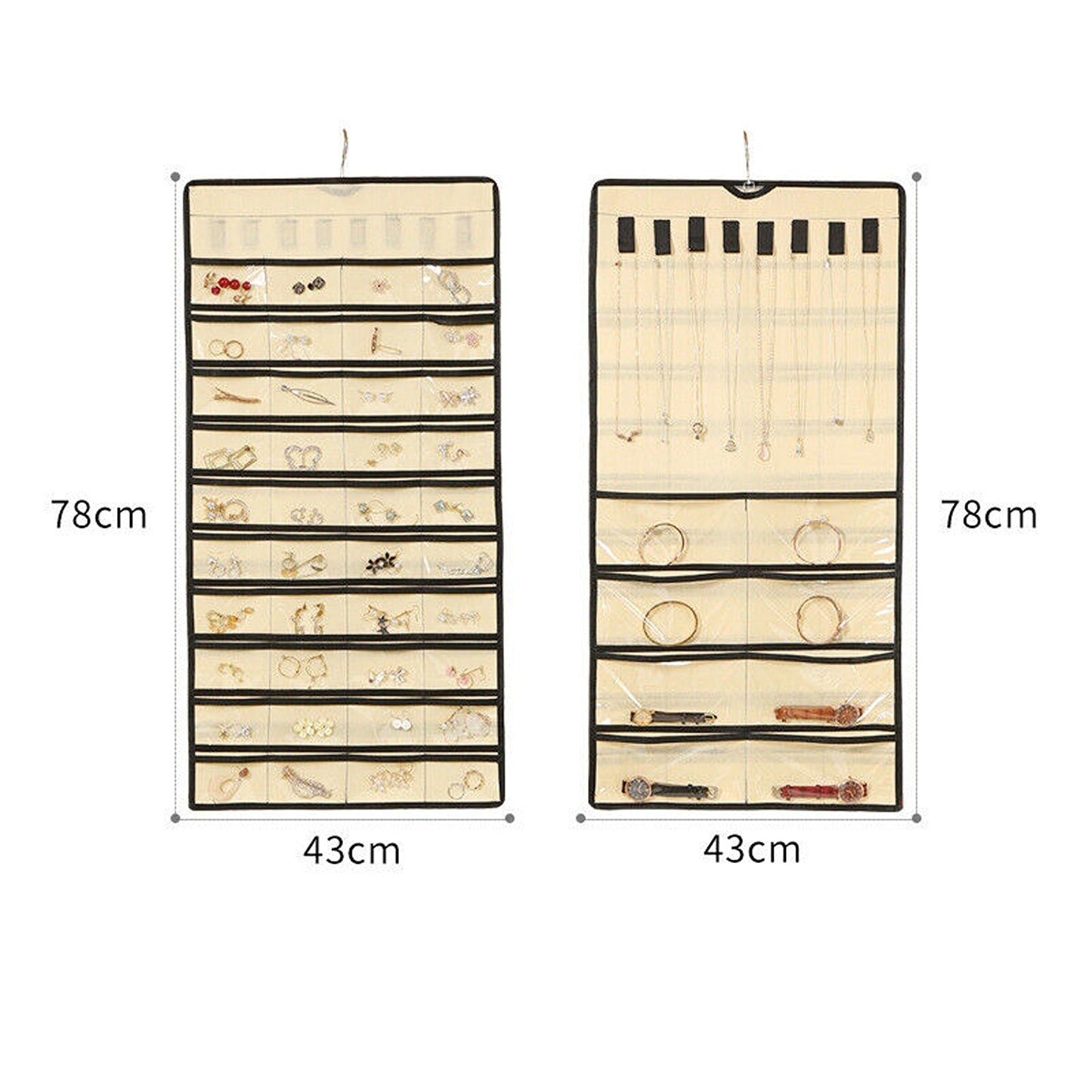Beige Jewelry Organizer Holder with Earring Display Hanging Pouch