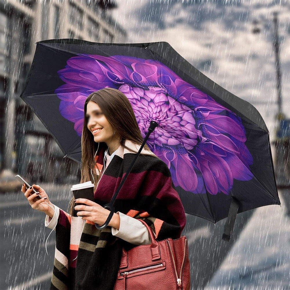 Inverted Windproof Umbrella Double Layer C Handle Reverse Design