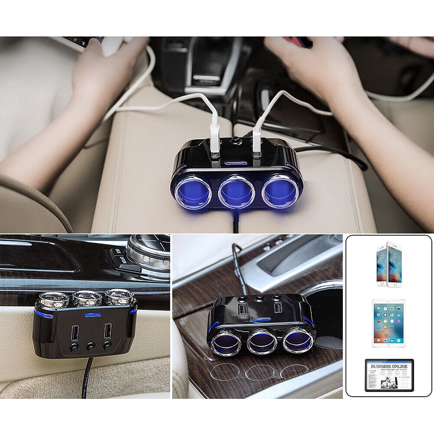 3-Way Multi Car Socket with Dual USB Power Adapter Splitter