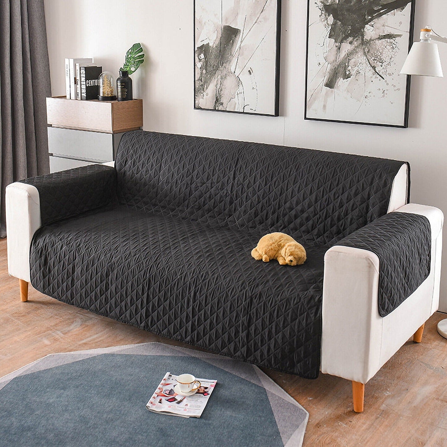 Black Quilted Couch Covers Lounge Slipcover Seater Pet Sofa Protector Cover