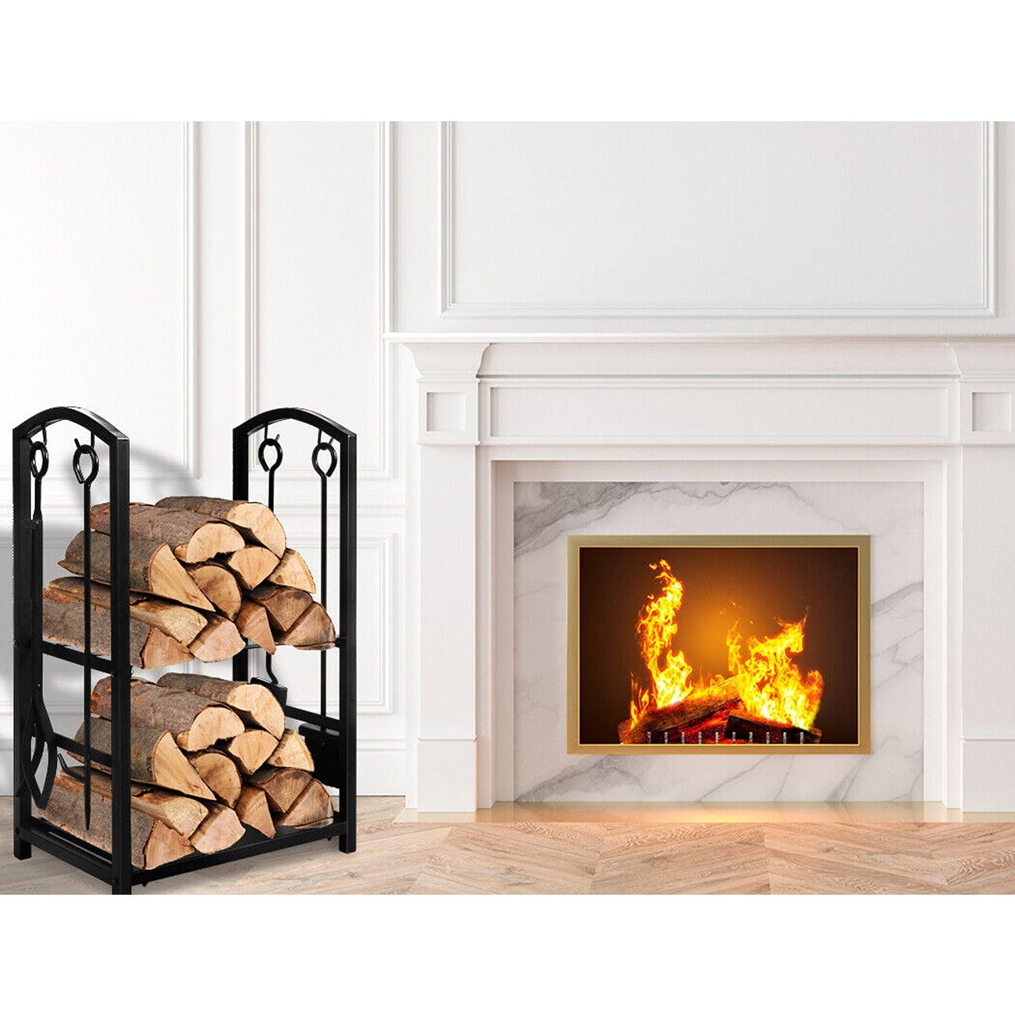 Large Steel Firewood Rack with Fireplace Tool Holder