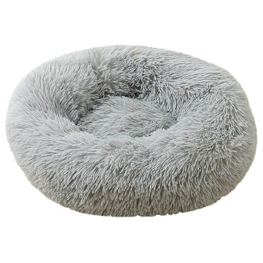 Light Grey Plush Round Nest Pet Dog Cat Calming Bed Comfy Sleeping Kennel Cave