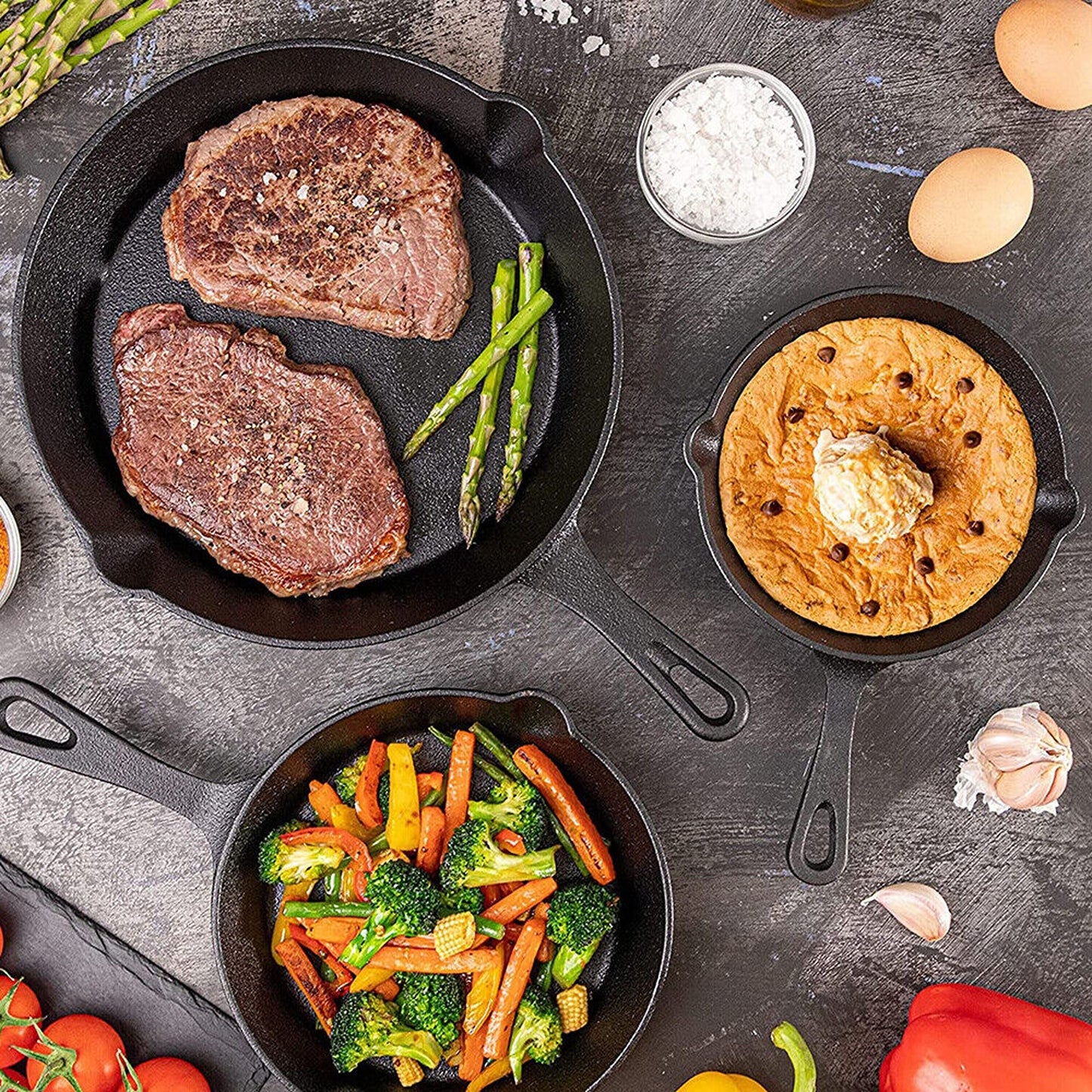 3-Piece Nonstick Cast Iron Frypan Set for BBQ and Cooking