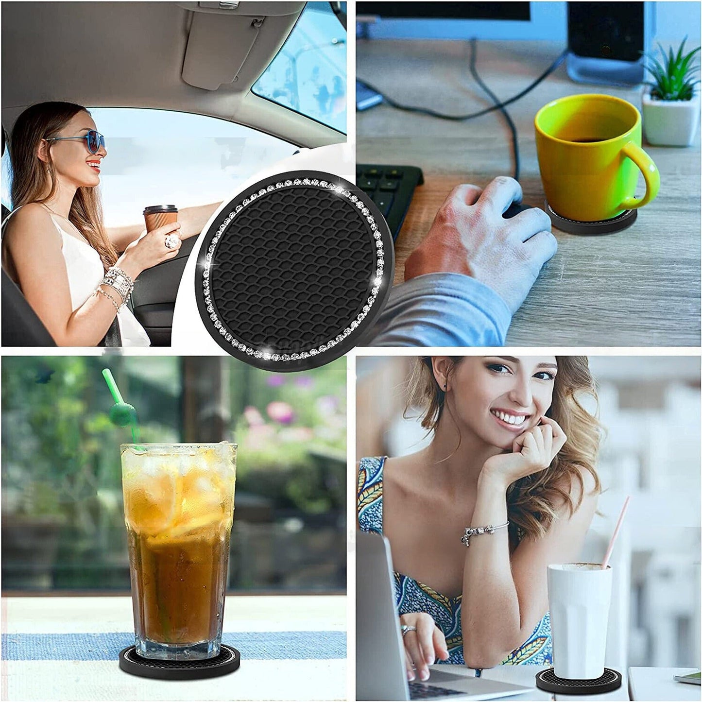 2pcs Anti-Slip Black Car Coasters Bling Cup Holder Inserts