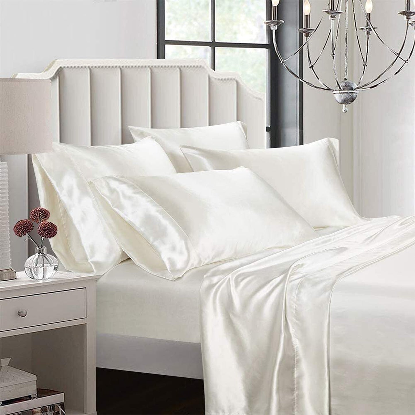 White Double Queen King Silk Satin Sheet Set Flat Fitted Sheet And Pillowcase