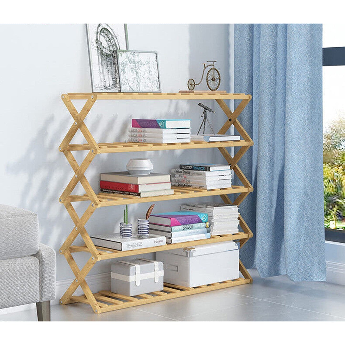 Bamboo Folding Shoe Rack with Multi-Tier Storage Shelf
