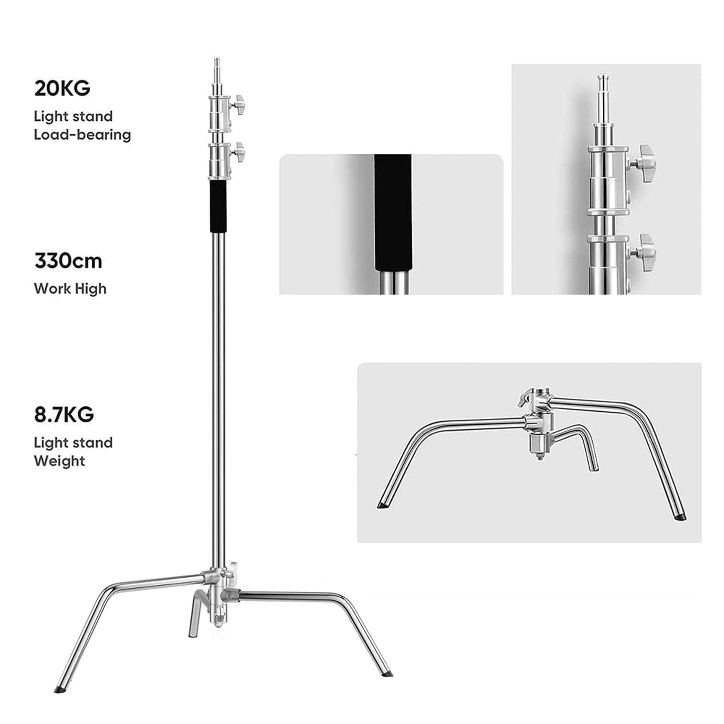 C-Stand with Boom Arm and Sandbag for Photo Studio Heavy-Duty Stainless Steel