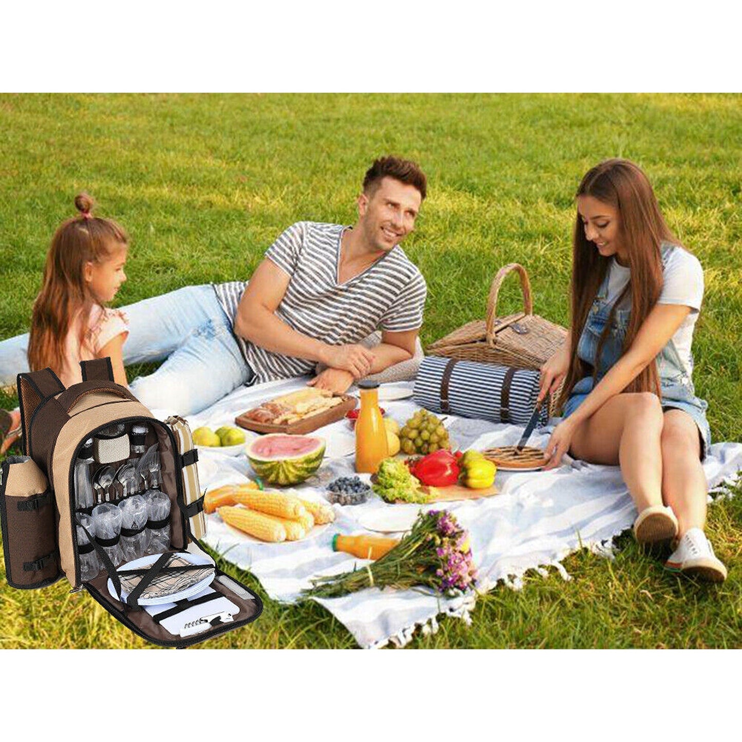4 Person Picnic Backpack with Insulated Leakproof Cooler Bag
