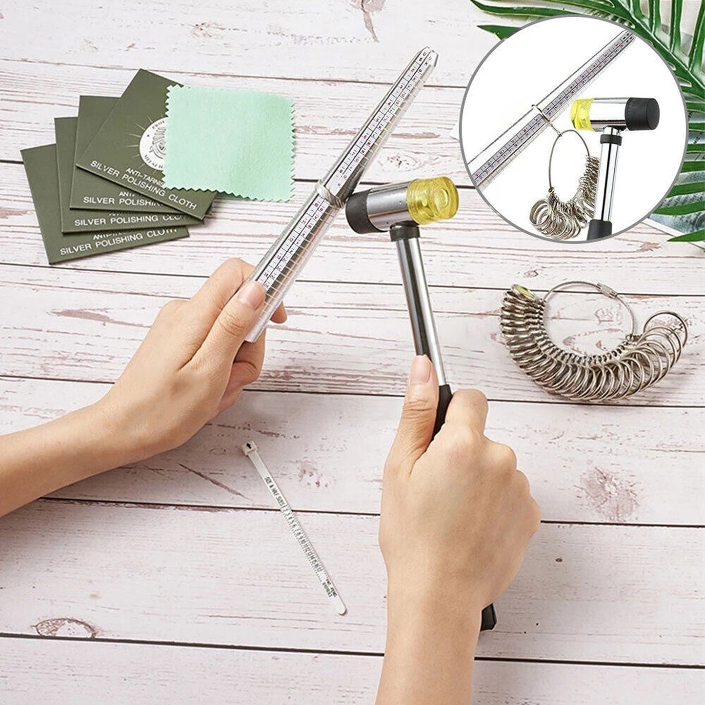 Jewelry Making Steel Ring Sizer Mandrel Gauge Rubber Hammer Tool Set
