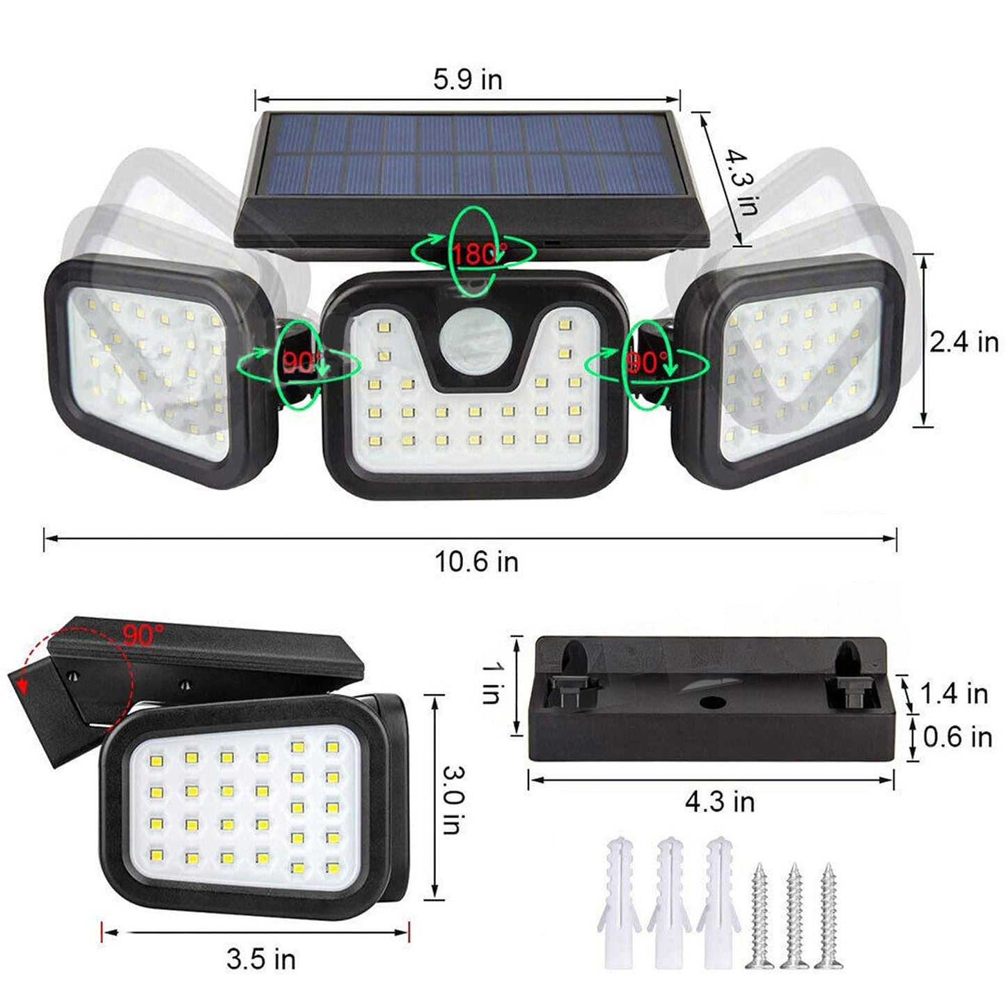 LED Solar Motion Sensor Security Light Outdoor 3 Head Wall Flood Lamp