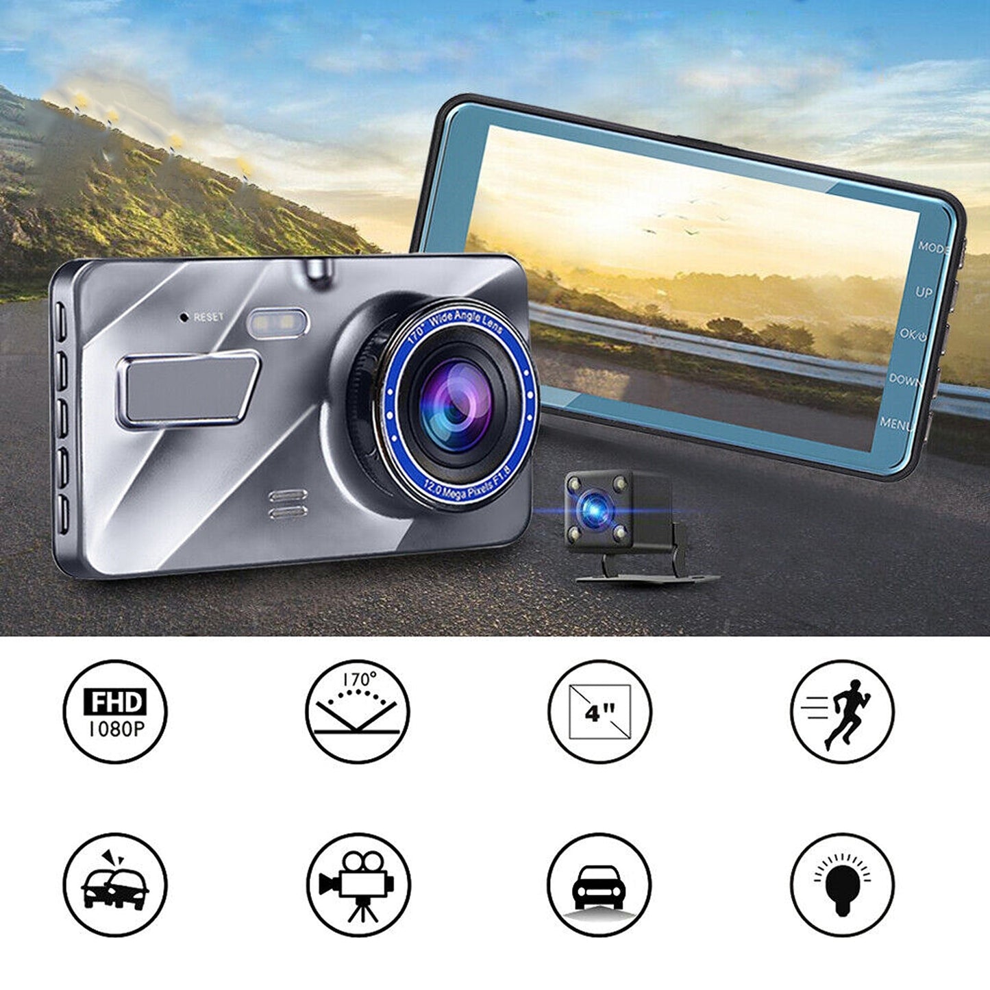 4in Screen Dual Lens 1080P HD Car DVR Dash Camera