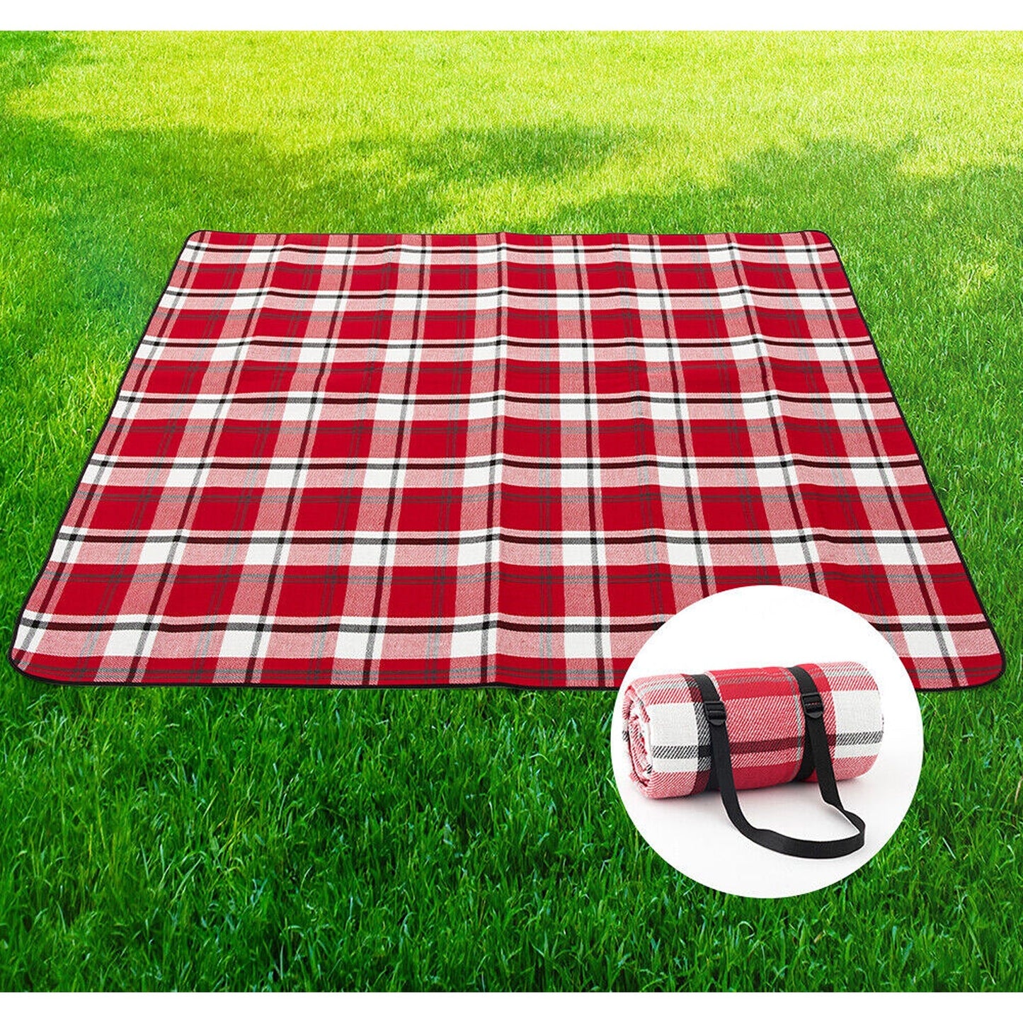 Red Tartan Large Waterproof Picnic Mat Outdoor Camping Beach Fleece Rug