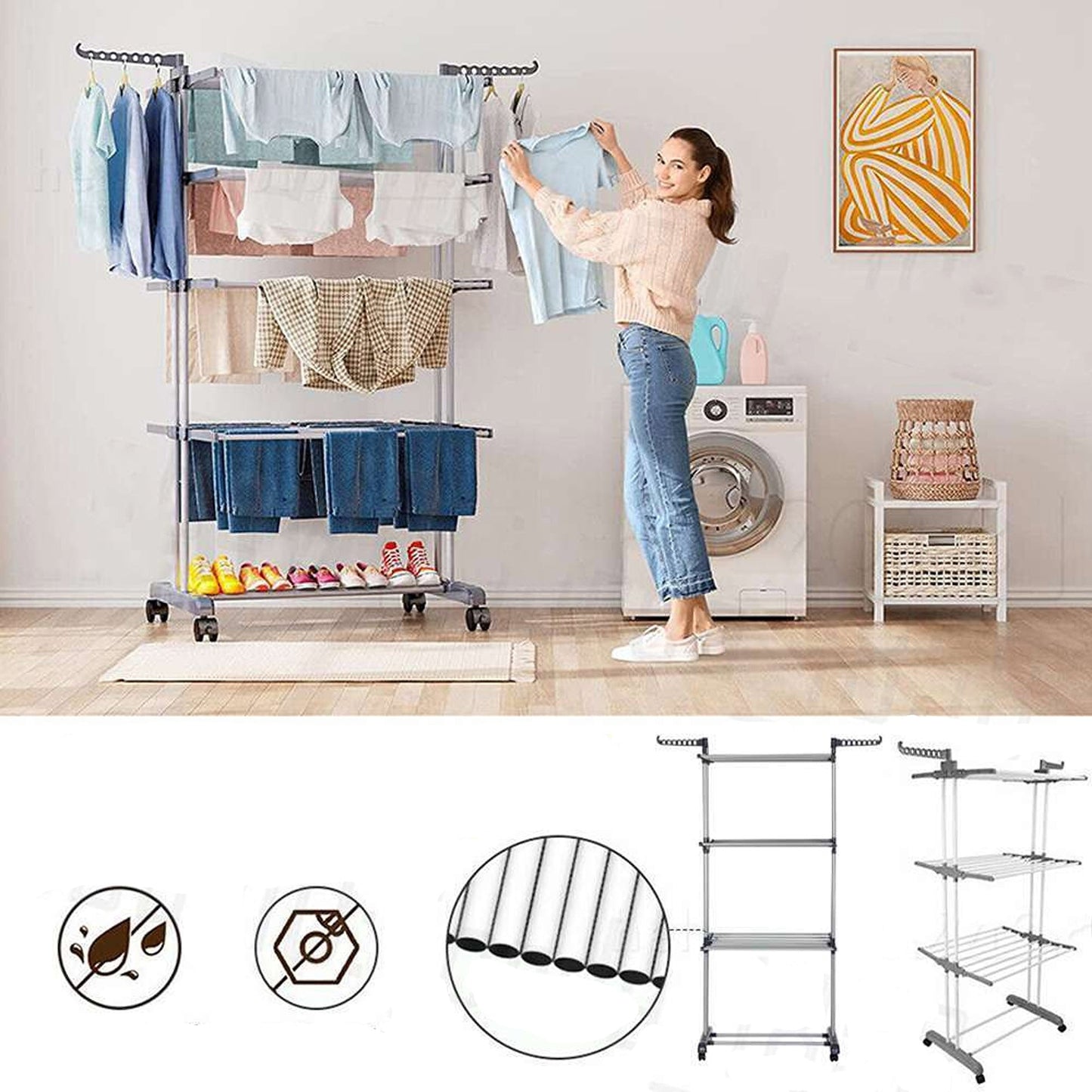 4-Layer Clothes Drying Rack Foldable Garment Laundry Airer Support Horse