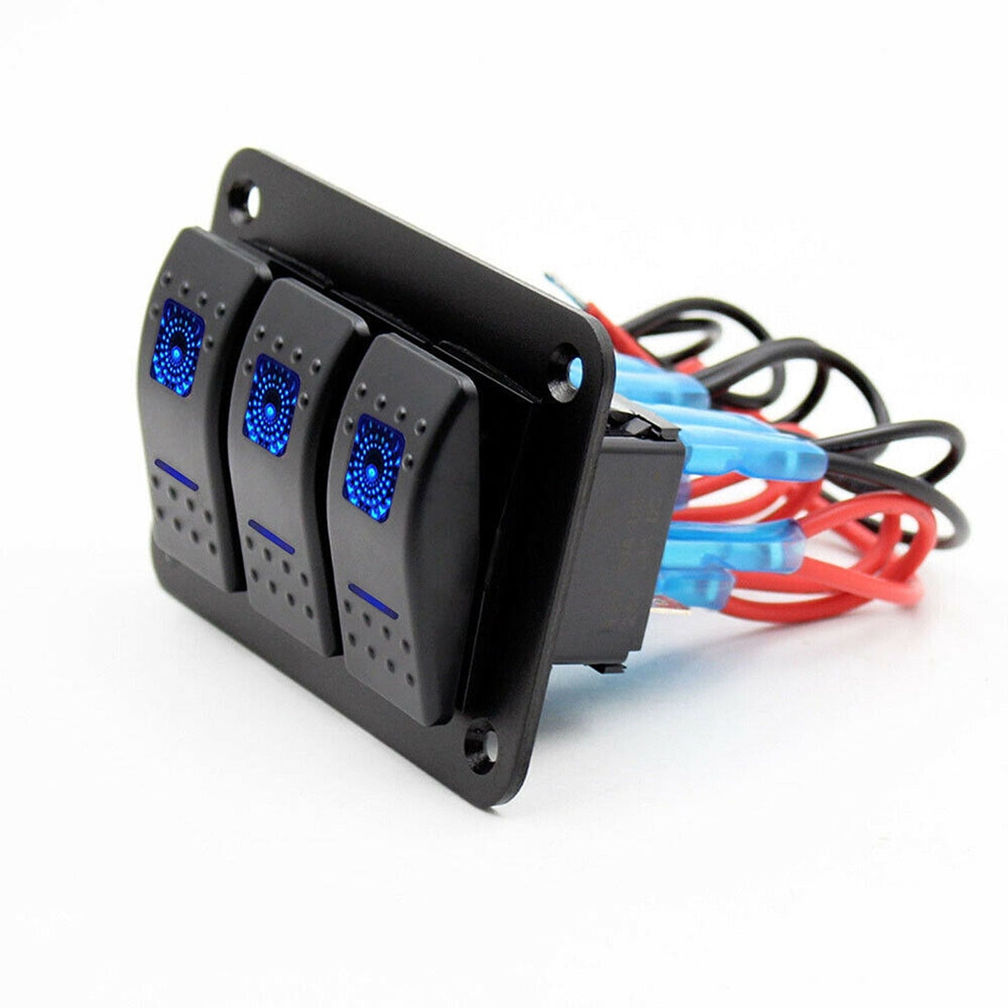 3 Gang Blue LED Rocker Switch Panel with Dual USB for Car Boat and RV