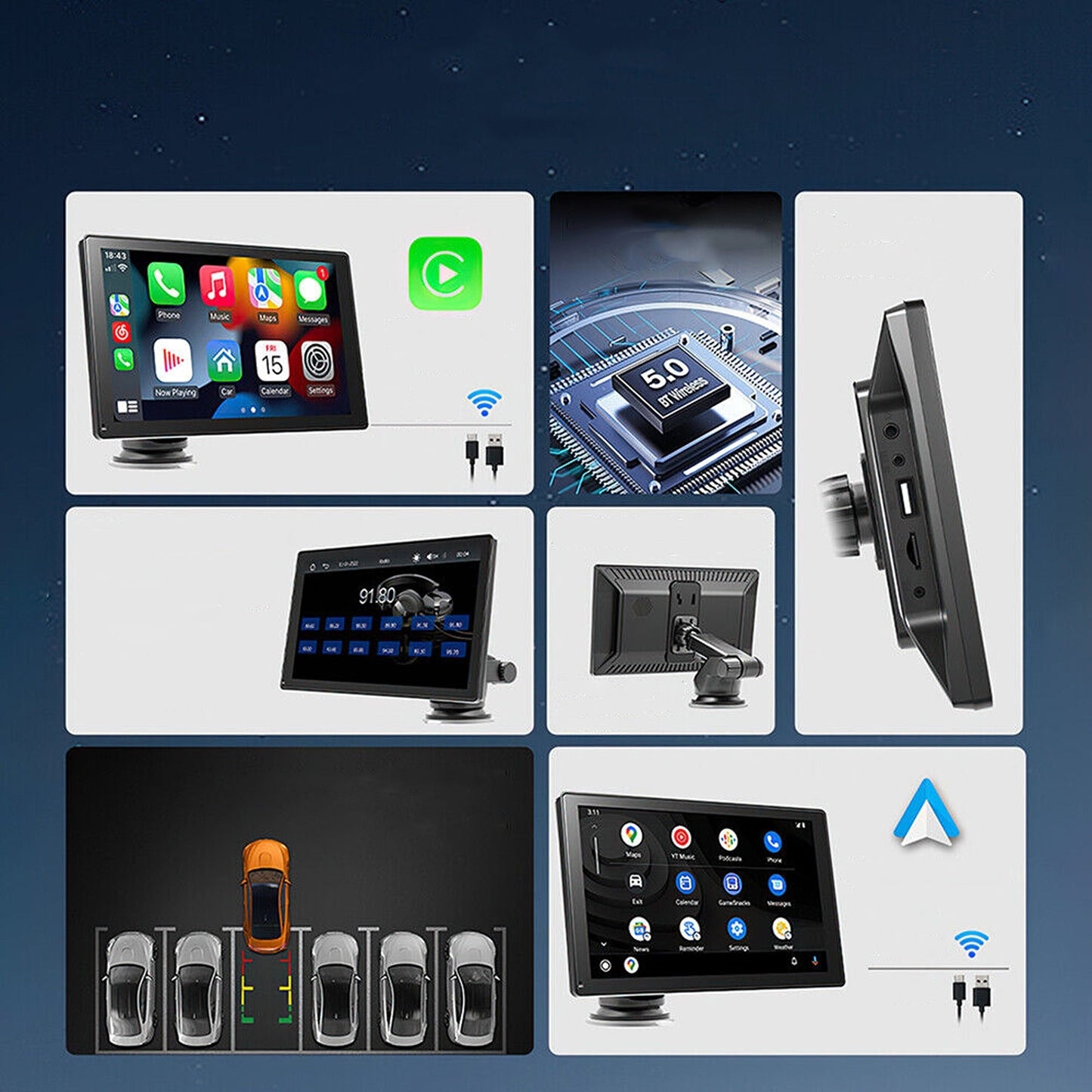 9in Portable Car Radio with Apple Carplay Android Auto and Bluetooth FM