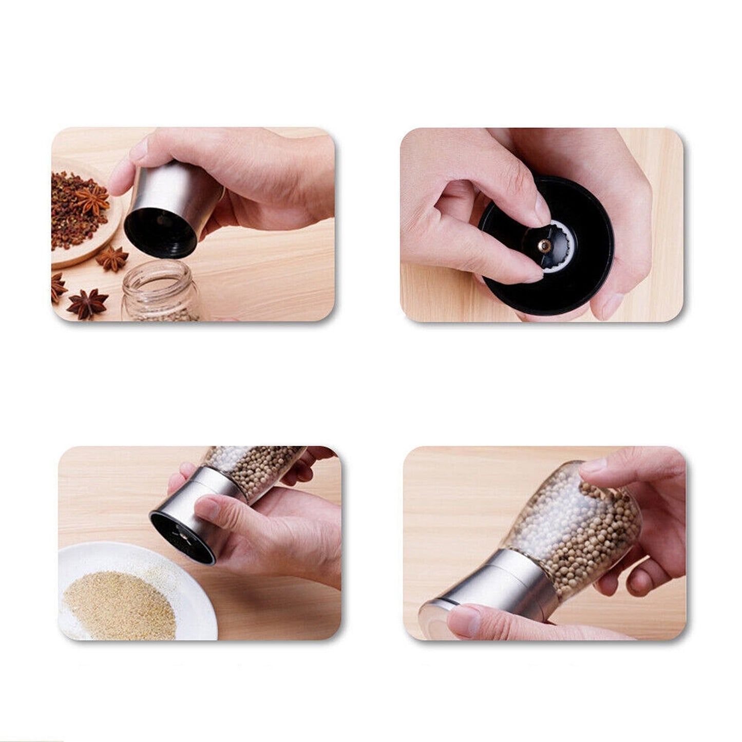 2pcs Adjustable Salt and Pepper Grinder Set Stainless Steel Glass Mill