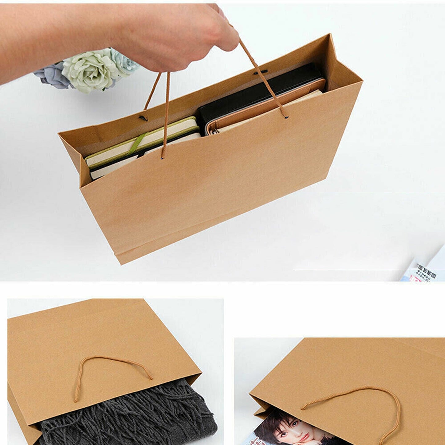 50pcs Bulk Kraft Paper Bags with Rope Handles Gift Shopping Carry Craft