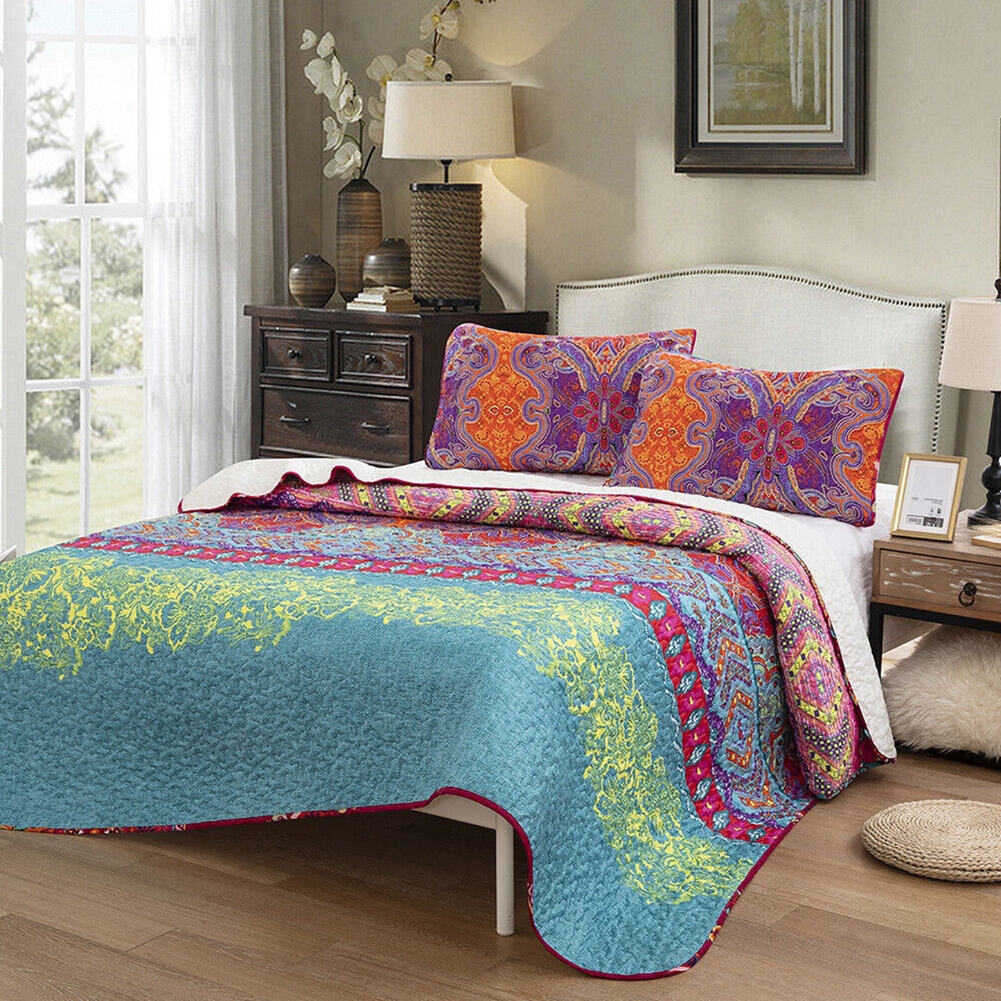 Bohemian Style Quilted Bedspread Queen King Size Coverlet Comforter Bedding