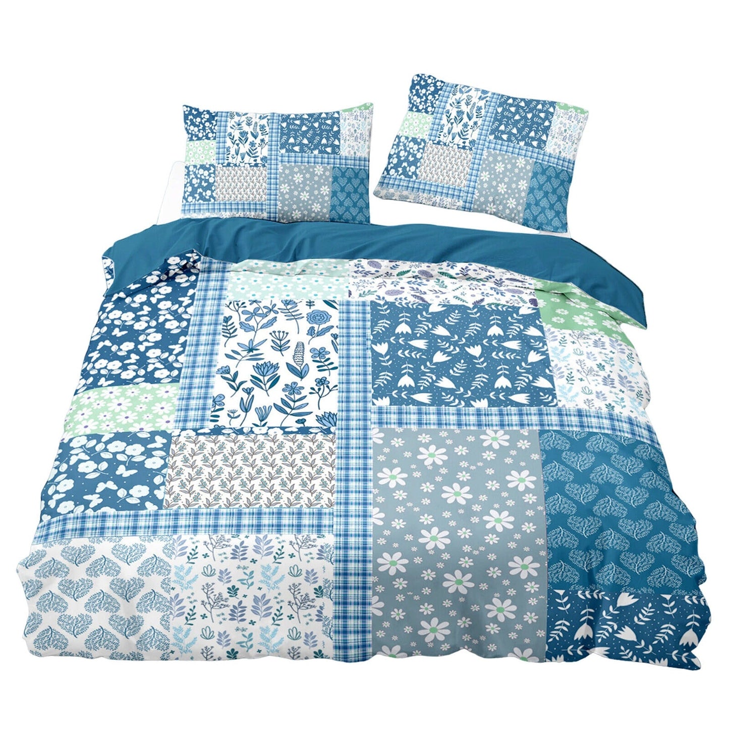 Blue Patchwork Bedding Set Soft Quilt Duvet Cover for Queen King Bed