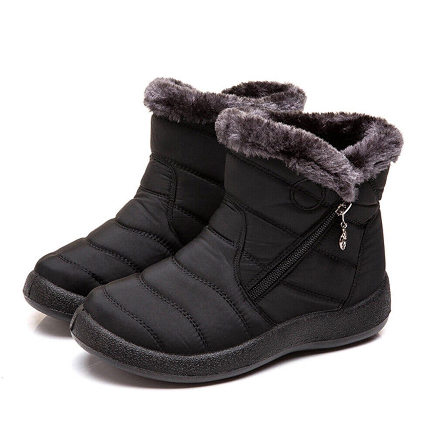 Black Women Black Fur Lined Snow Ankle Boots Winter Warm Waterproof Flat Shoes