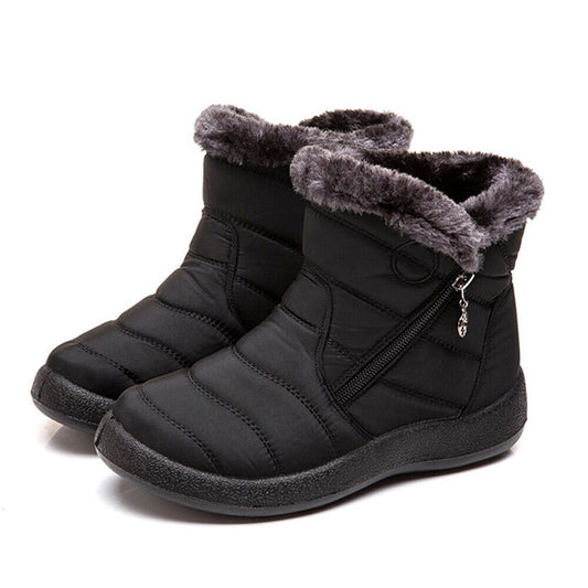 Black Women Black Fur Lined Snow Ankle Boots Winter Warm Waterproof Flat Shoes