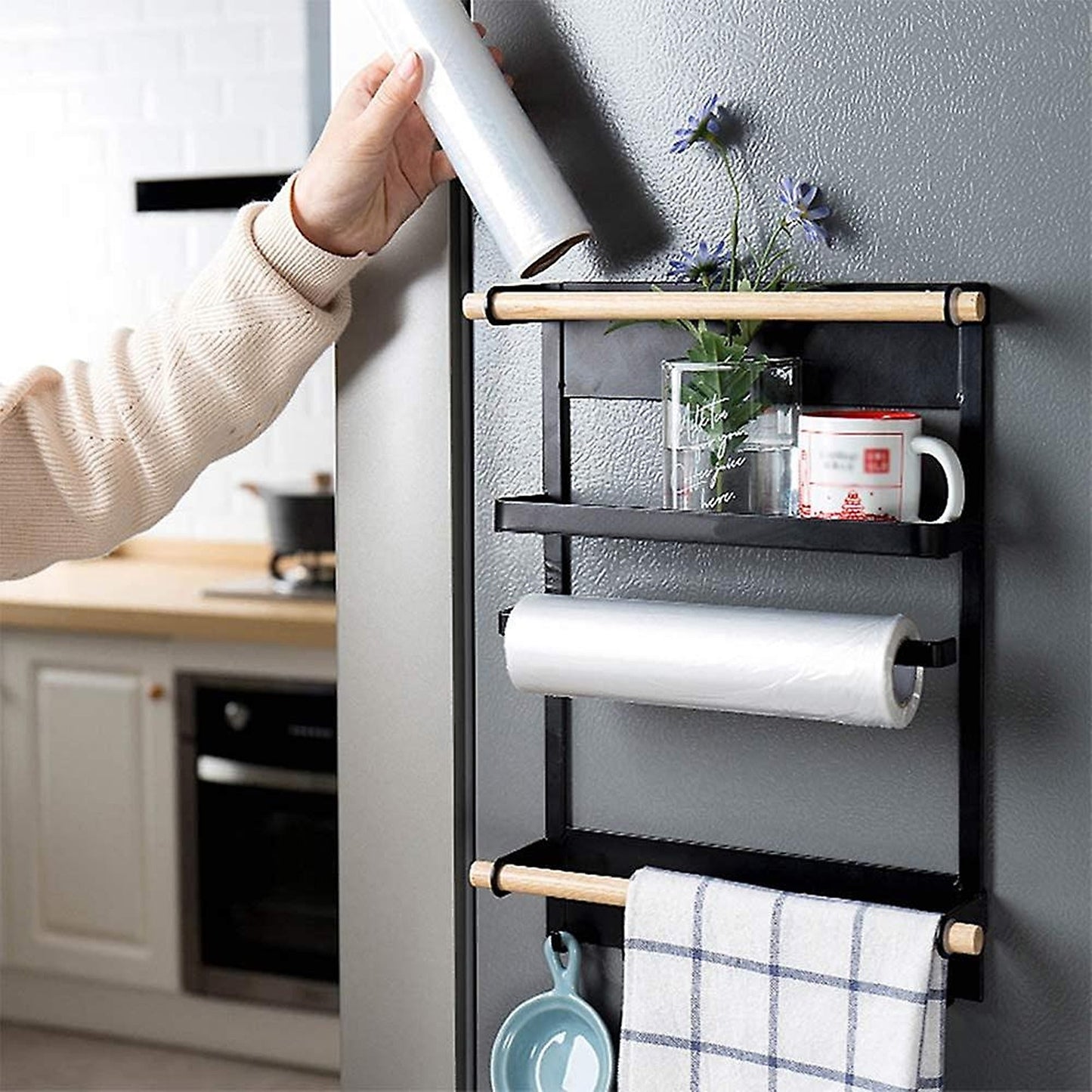 Magnetic Refrigerator Storage Rack with Hooks and Towel Holder