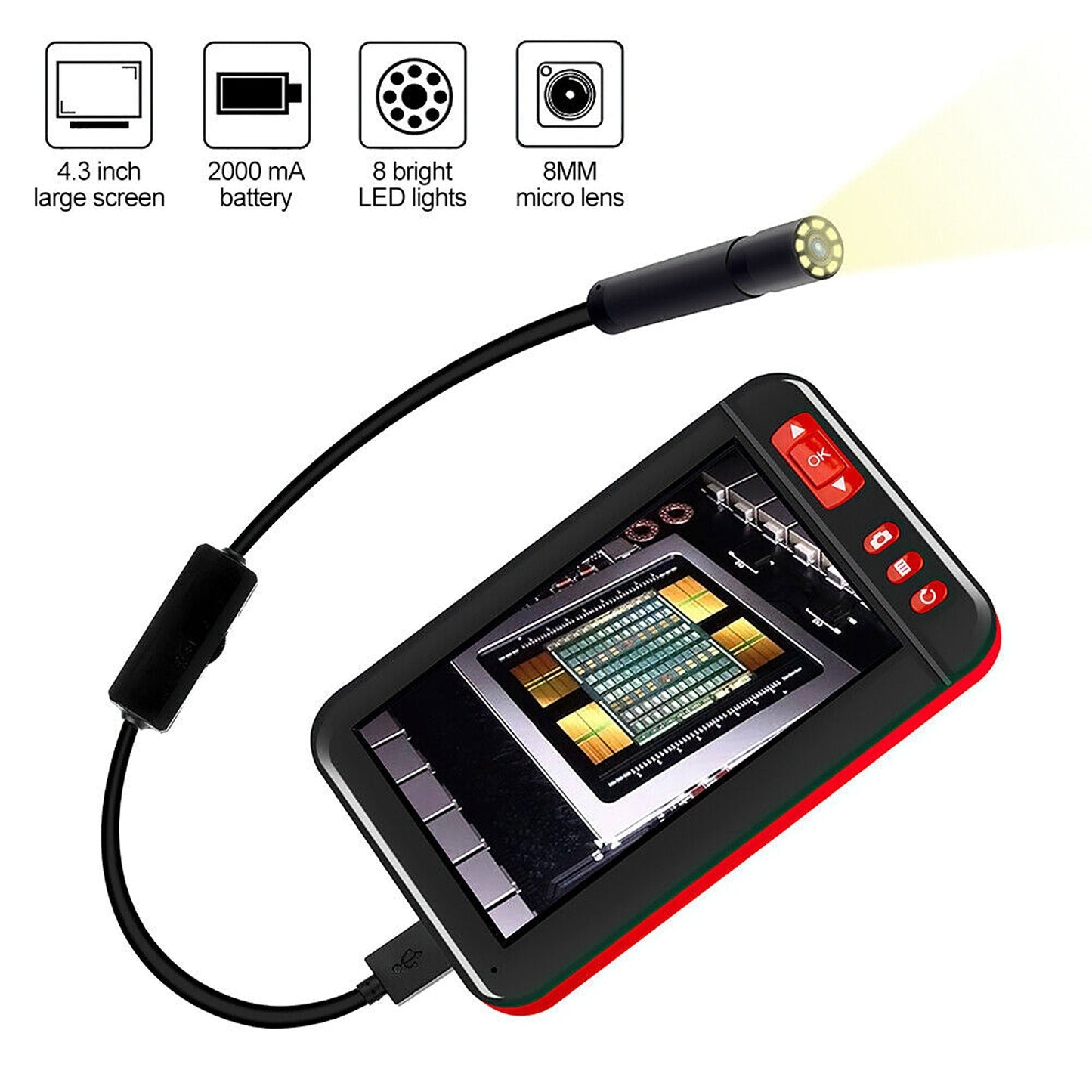 Industrial Endoscope with 4.3in HD Screen 1080P Borescope Inspection Camera