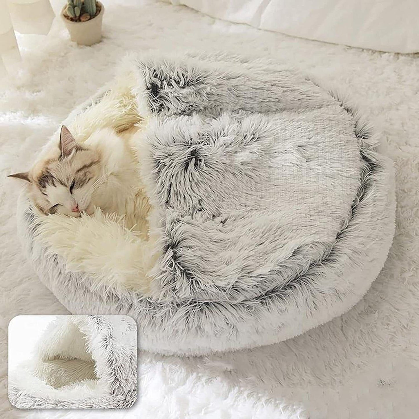 Cuddle Soft Warm Plush Pet Cat Bed Calming Igloo Tent House Grey