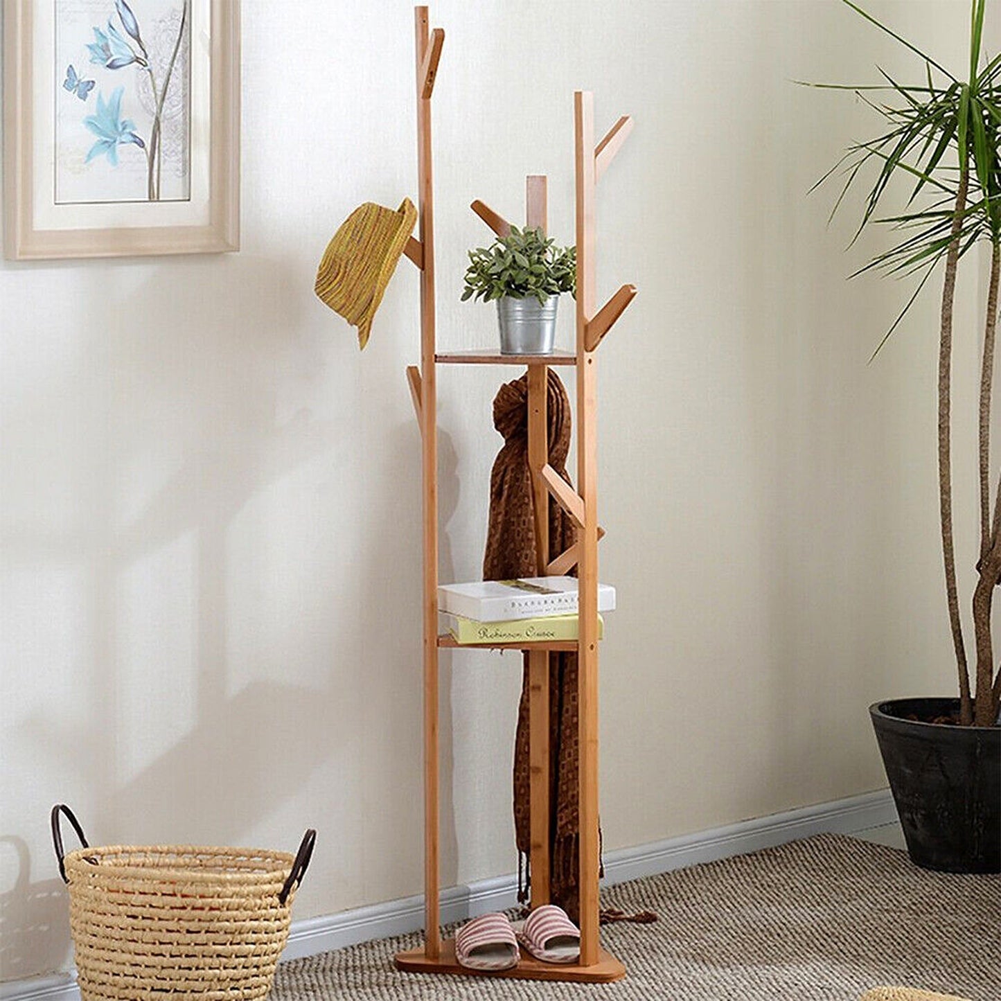 Wooden Coat Rack with 3 Tiers and 9 Hooks
