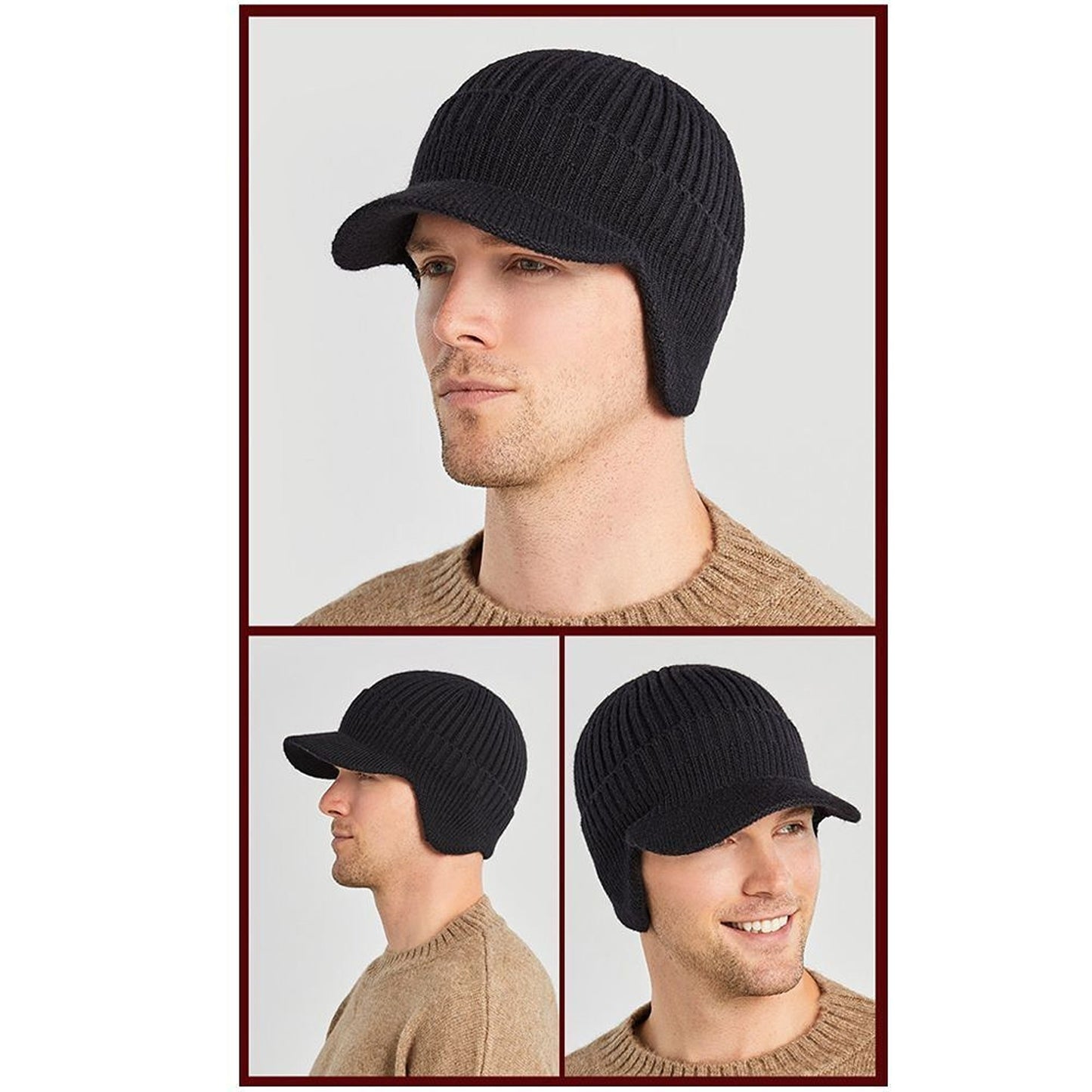 Men Thick Wool Warm Beanie with Brim for Winter Cycling