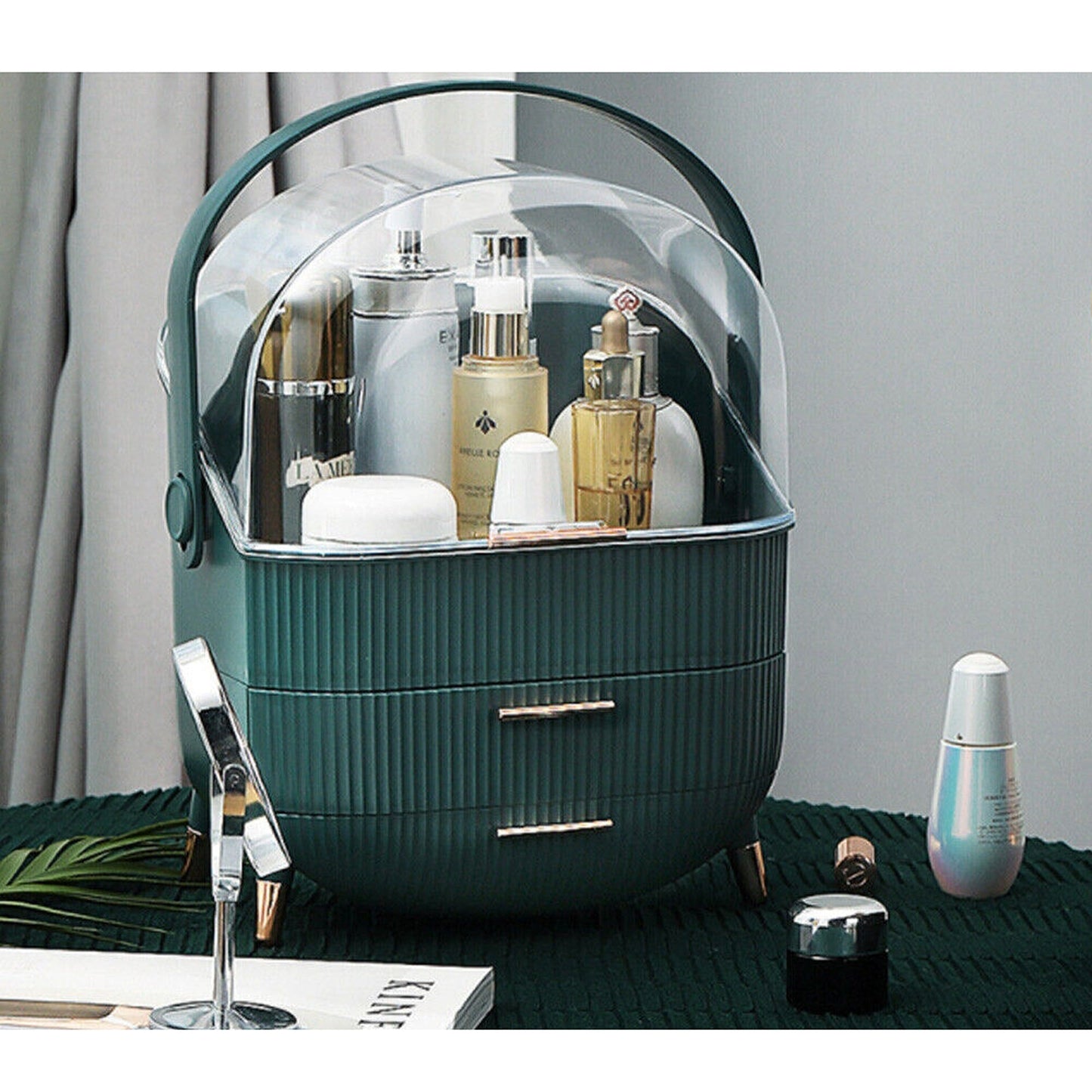 Portable Makeup Organizer Case with Cosmetic Storage and Jewelry Drawers