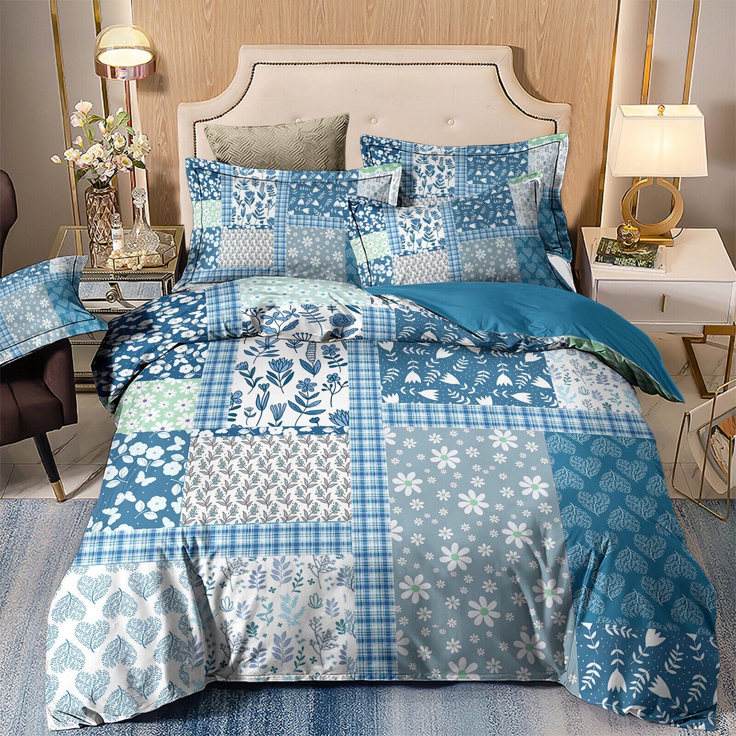 Blue Patchwork Bedding Set Soft Quilt Duvet Cover for Queen King Bed