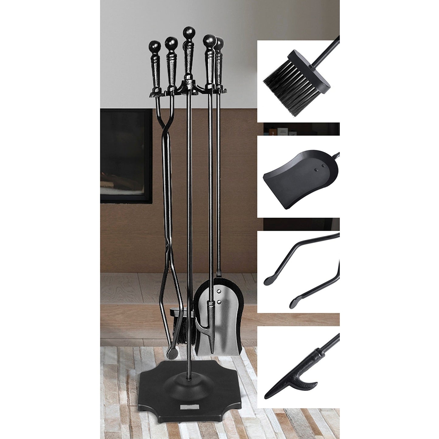 5 Pieces Fireplace Tools Set Includes Poker Brush Shovel Stand Tongs