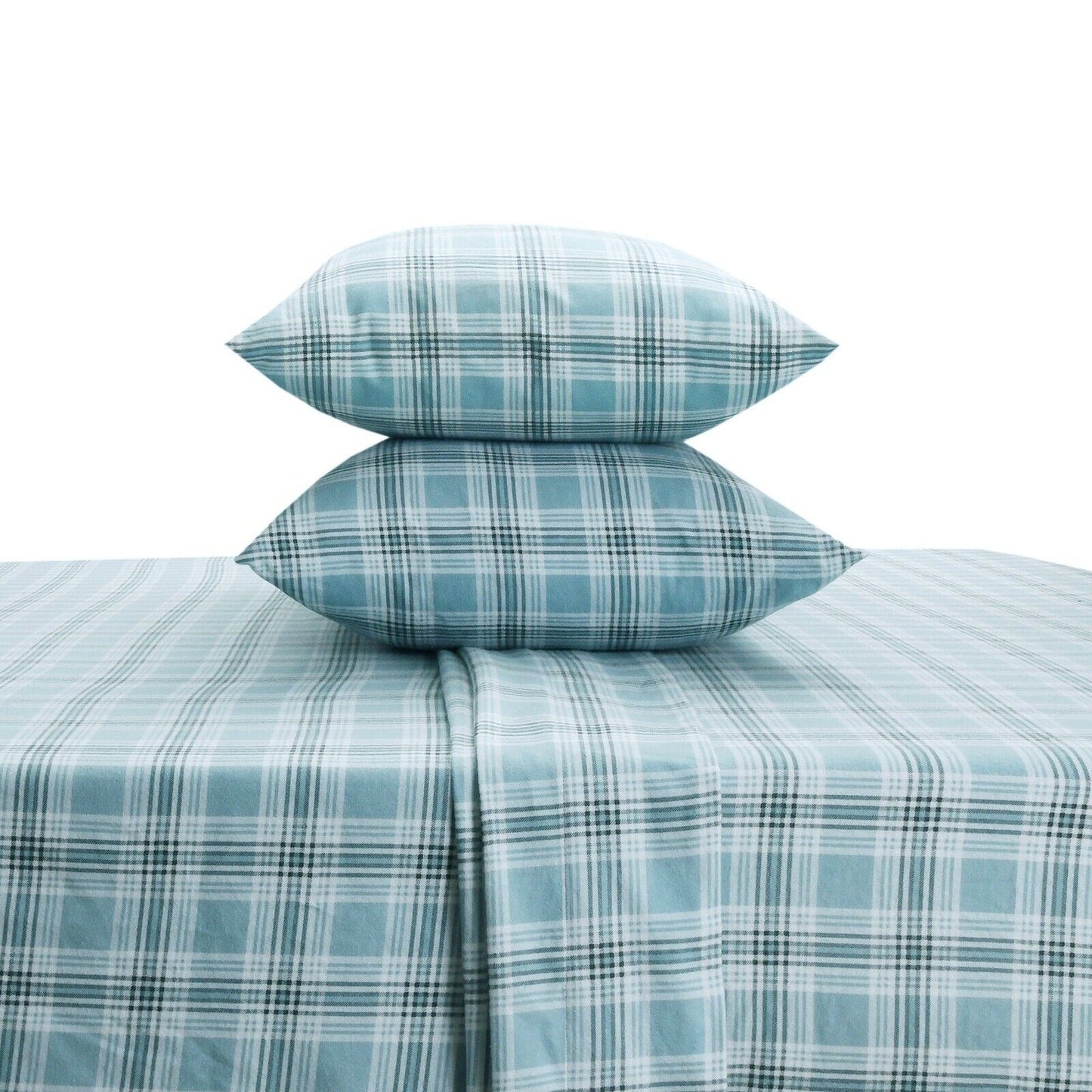 Green Plaid Cotton Flannelette Sheets Set with Standard Pillow Case Single Double Queen King
