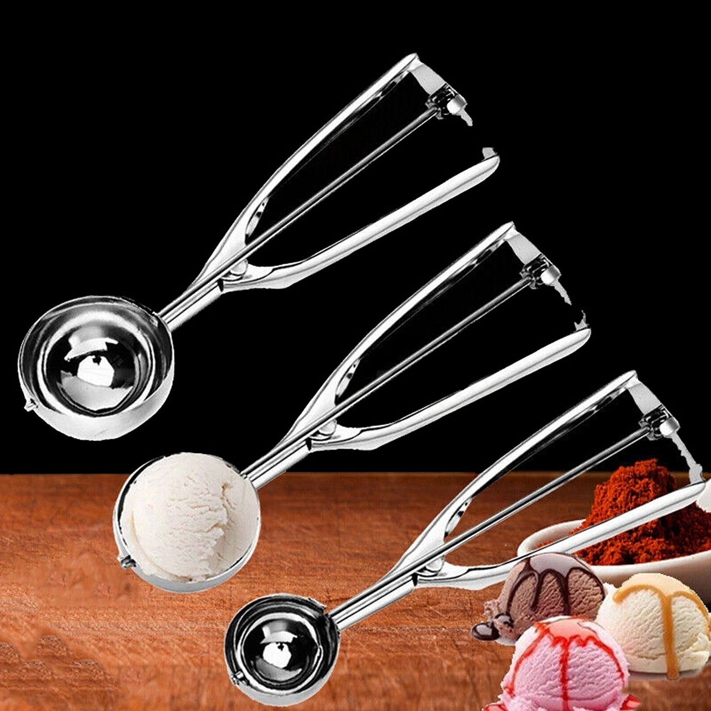 Ice Cream Scoop Set Stainless Steel Spoon Baller 3 Sizes