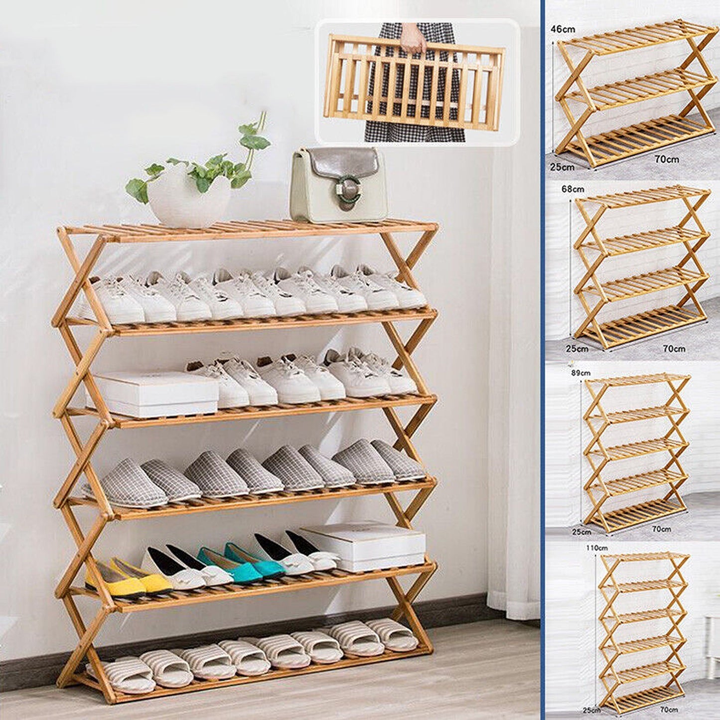 Bamboo Folding Shoe Rack with Multi-Tier Storage Shelf