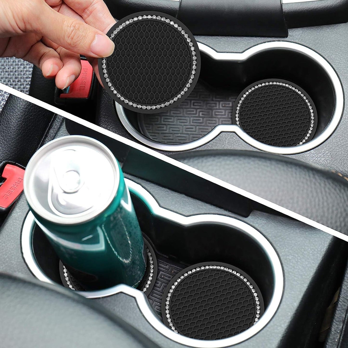 2pcs Anti-Slip Black Car Coasters Bling Cup Holder Inserts