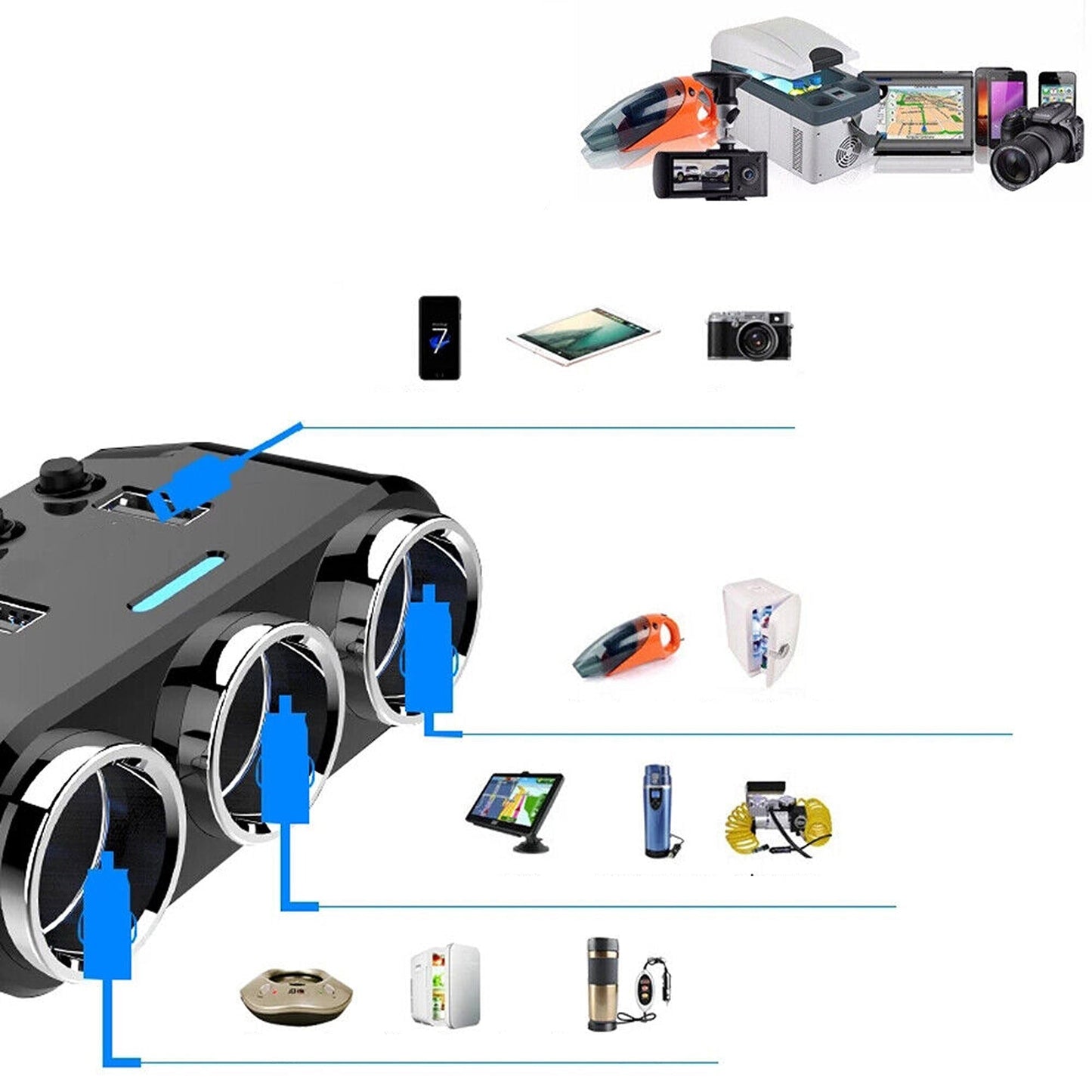 3-Way Multi Car Socket with Dual USB Power Adapter Splitter