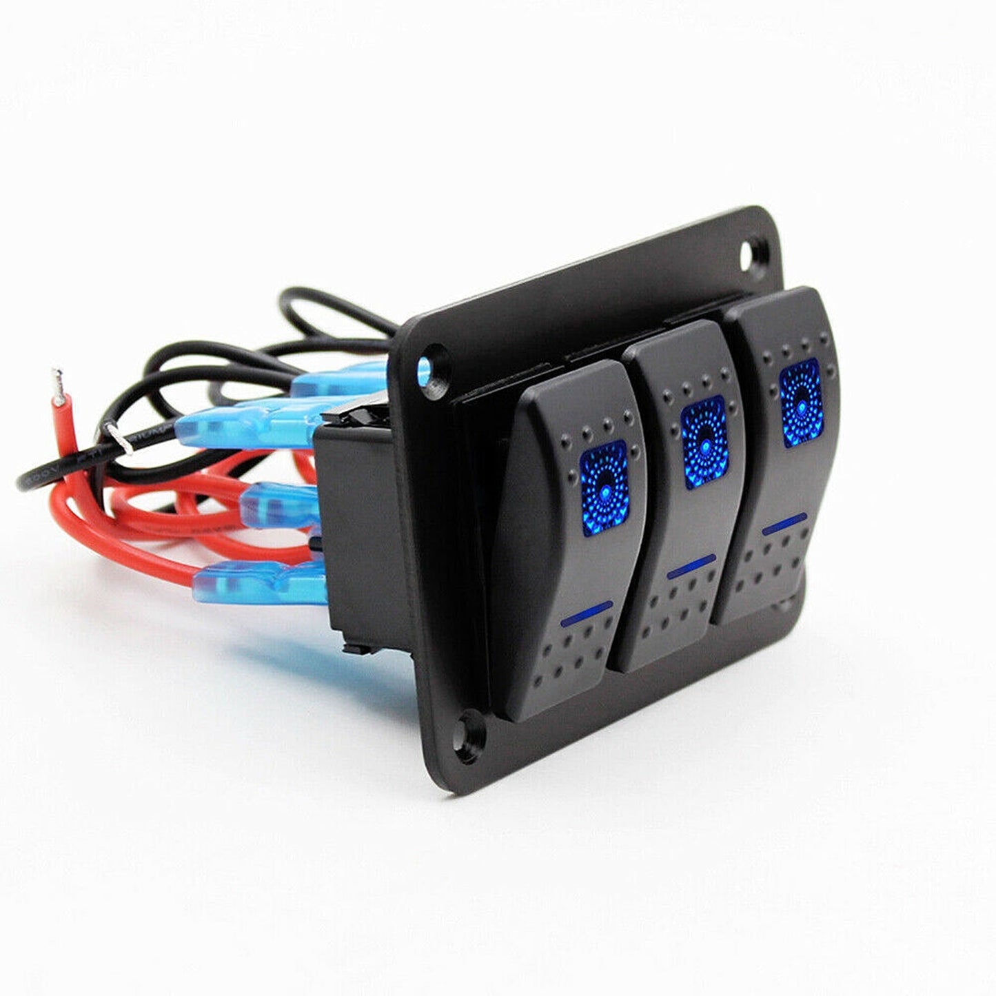3 Gang Blue LED Rocker Switch Panel with Dual USB for Car Boat and RV